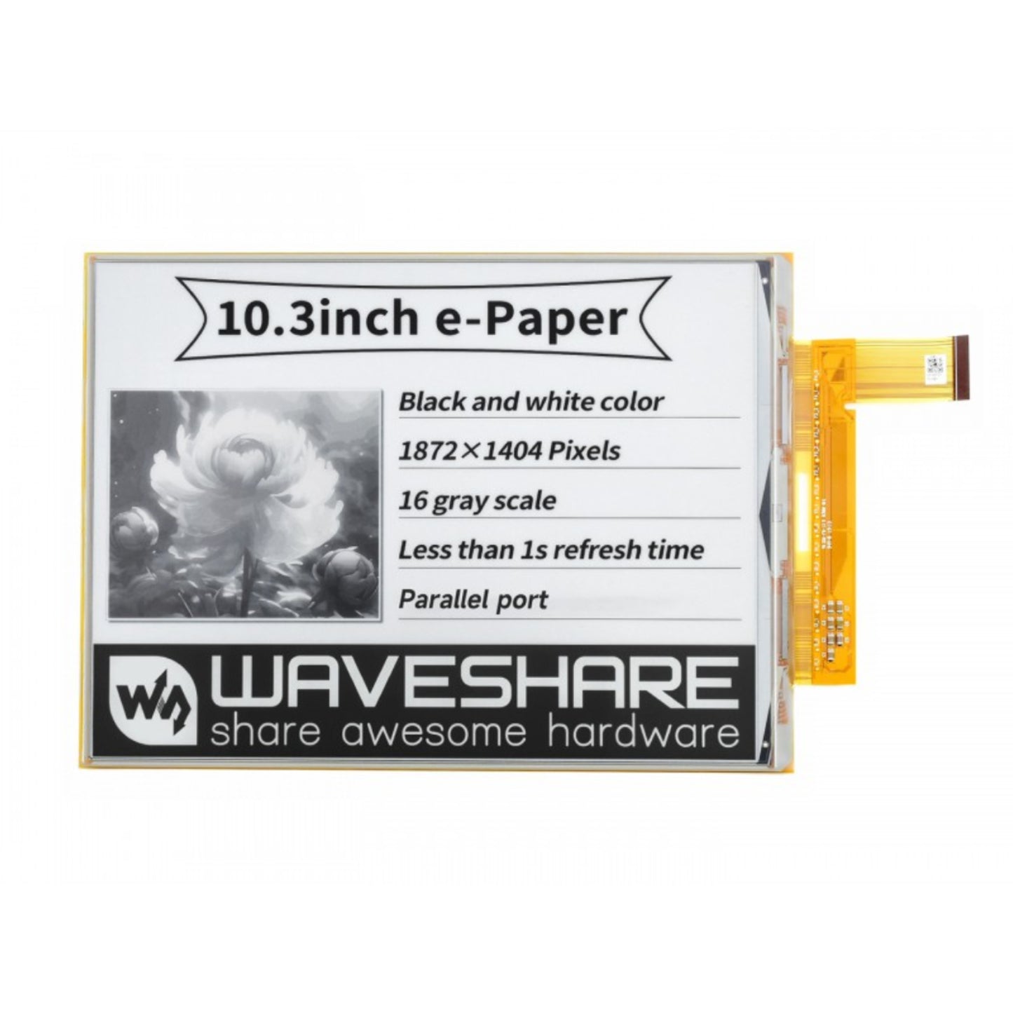 Waveshare 10.3" Flexible e-Ink Display 1872x1404 Flexible e-Paper Display 10.3" Raw Parallel Interface Display 16 Grayscale High-Resolution Display - Black & White - RS8270