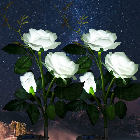 White Rose Solar Lights Upgrade Flower Lights Outdoor Waterproof Solar Garden Stake Lights Decorative Landscape Lights With 6 Rose Flowers For Backyard, Party, Pathway, Pack Of 1 - RS6150