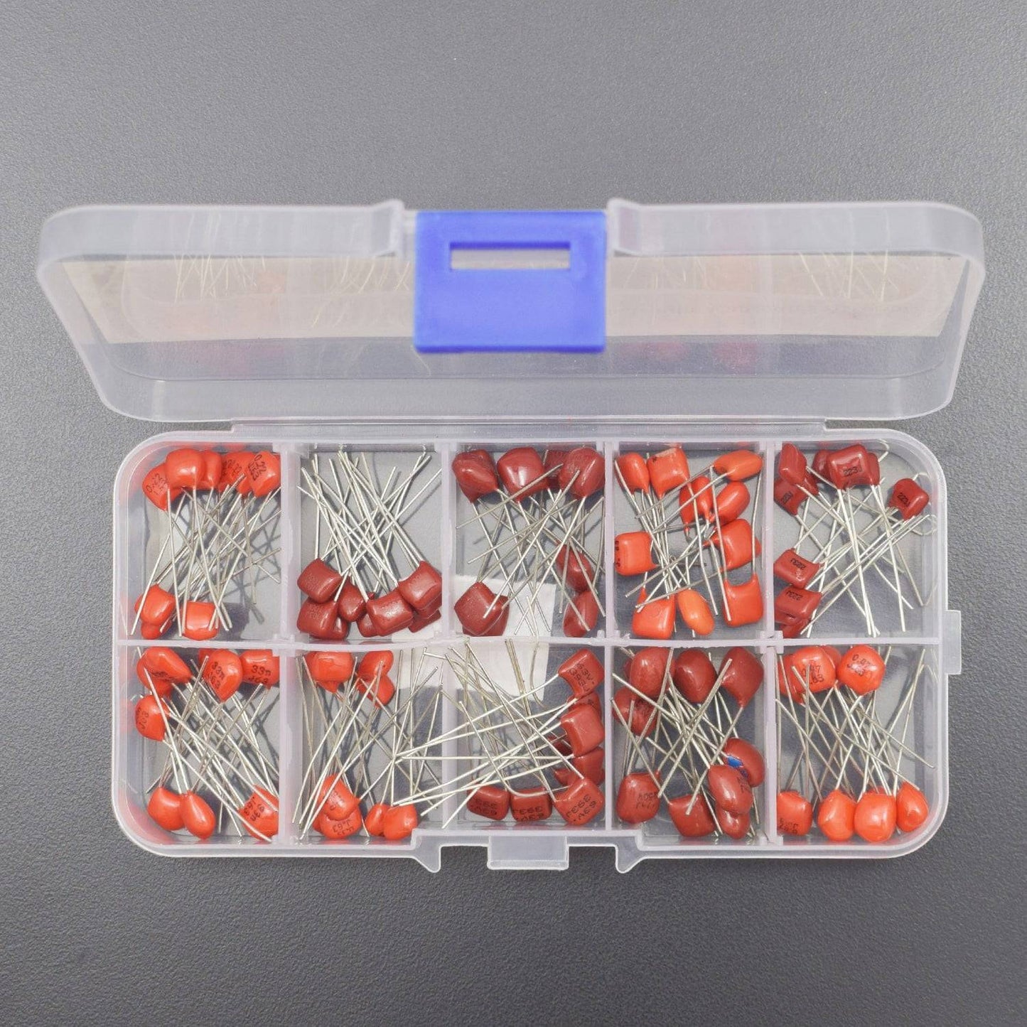100 Pieces 10 Values CBB Polypropylene Capacitor Assortment Kit 10nF-470nF Metalized Film Capacitor with Storage Box - RS1849 - REES52