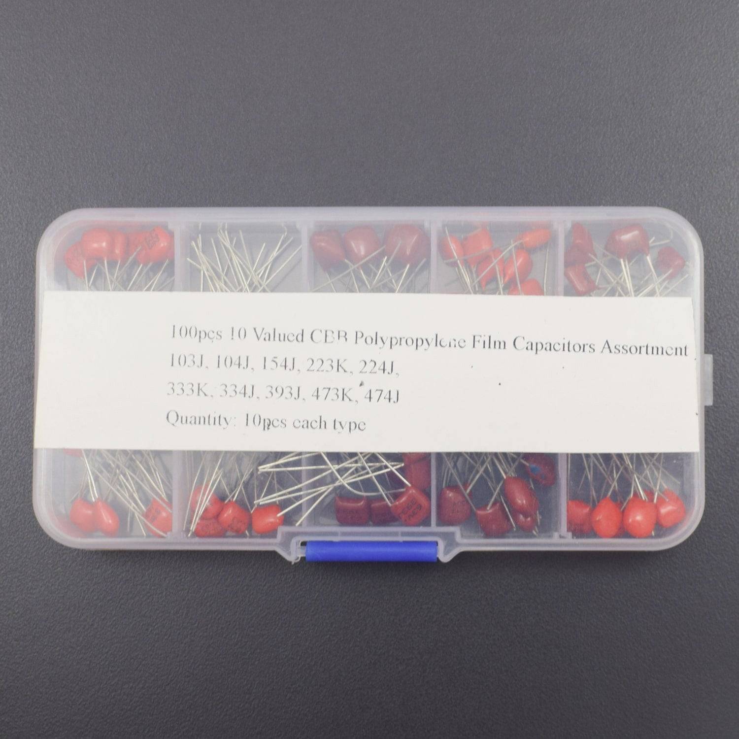 100 Pieces 10 Values CBB Polypropylene Capacitor Assortment Kit 10nF-470nF Metalized Film Capacitor with Storage Box - RS1849 - REES52