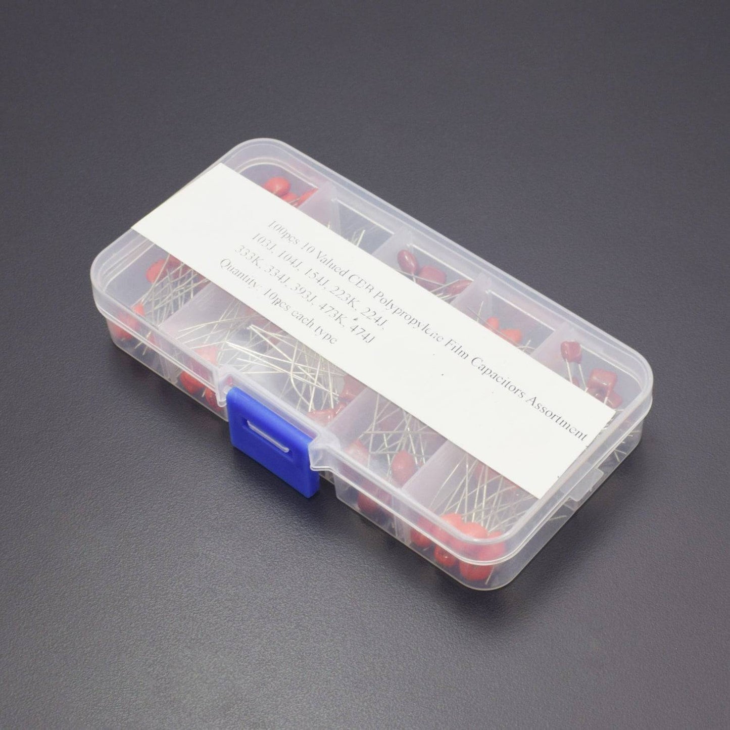 100 Pieces 10 Values CBB Polypropylene Capacitor Assortment Kit 10nF-470nF Metalized Film Capacitor with Storage Box - RS1849 - REES52