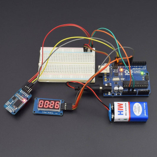 make a digital clock using 4 bit TM1637 Led display module and DS3231 RTC module interfacing with Arduino uno - KT808 - REES52