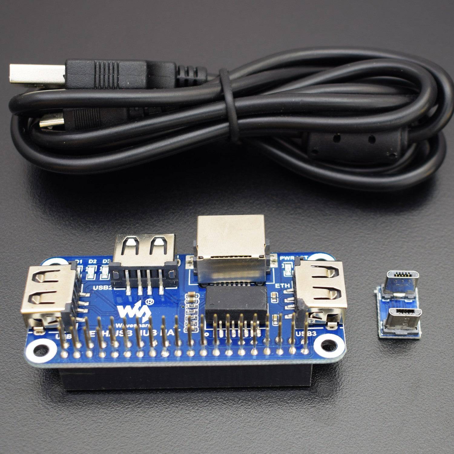 Ethernet / USB HUB HAT for Raspberry Pi, 1x RJ45 Ethernet Port, 3x USB Ports