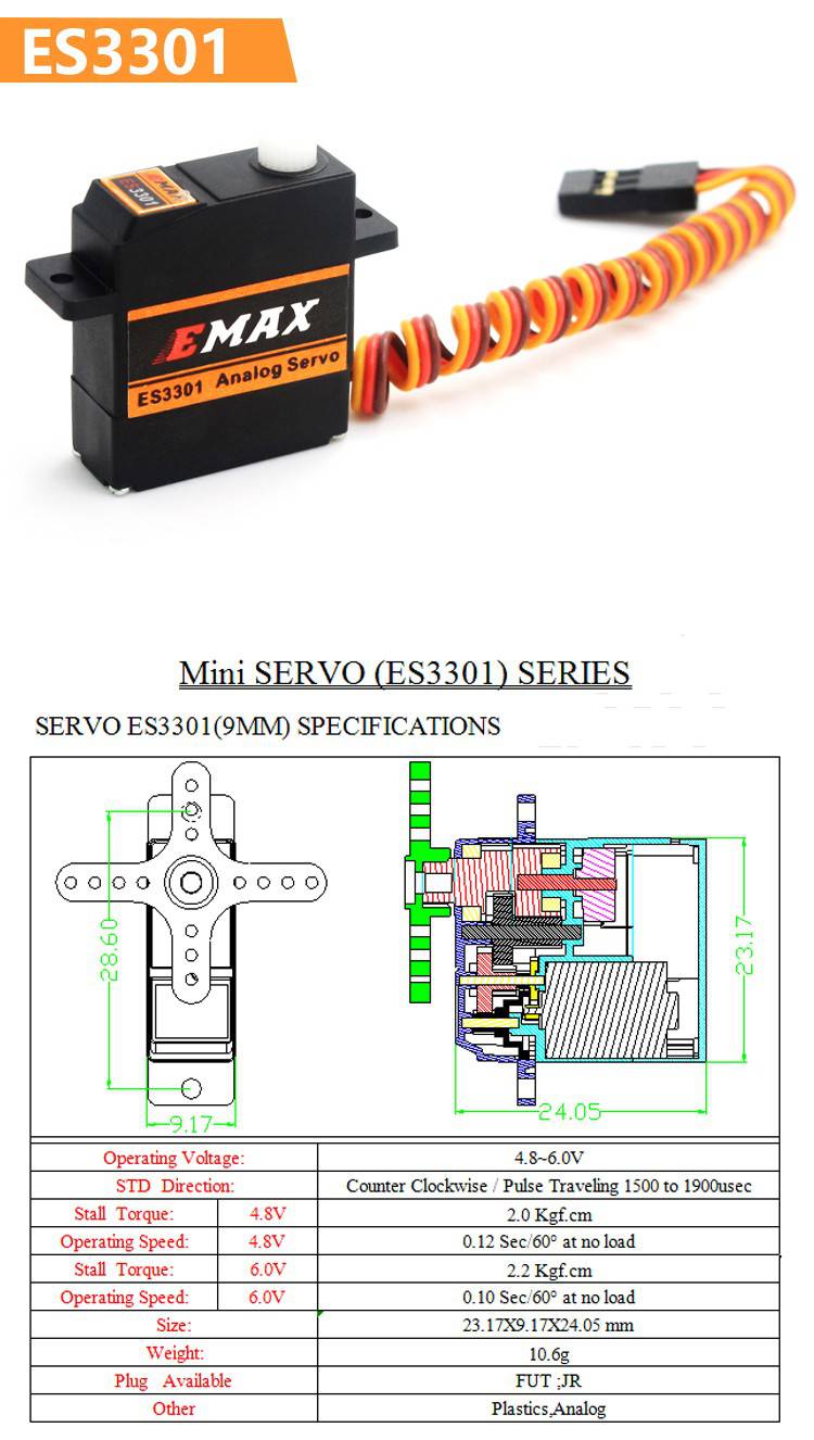 EMAX ES3301 9mm Plastic Analog Servo for RC Fixed-wing Glider - RS1341 - REES52