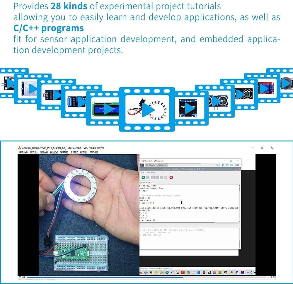 Raspberry Pi Pico Sensor Kit , Raspberry Pi Pico, Breadboard, I2C 1602 LCD Display Module, MAX7219 8x32 Dot Matrix - KT1302 - REES52