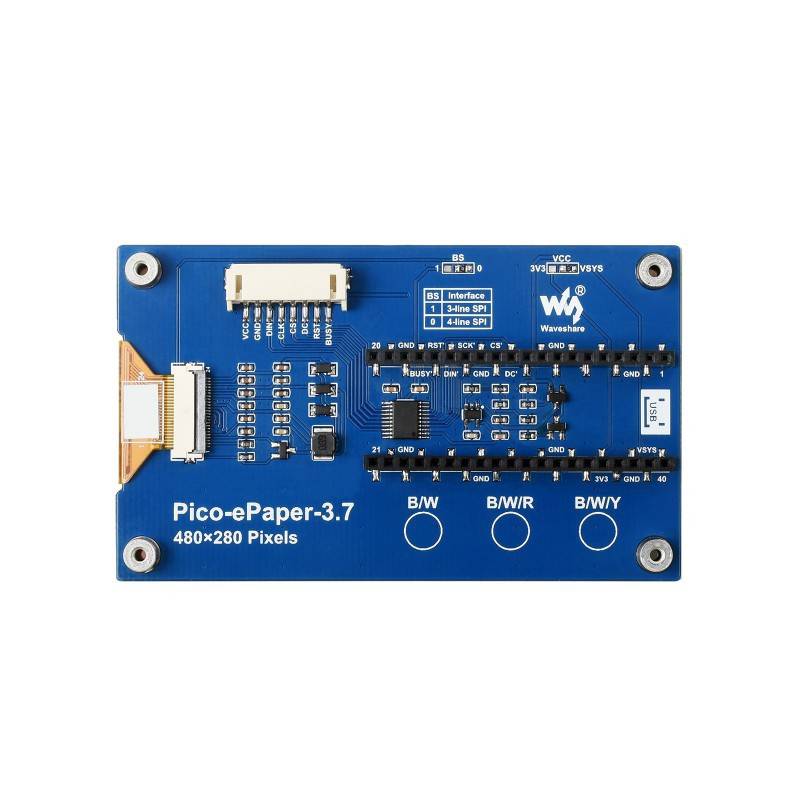 Waveshare 3.7inch E-Paper E-Ink Display Module for Raspberry Pi Pico, 480×280, Black / White, 4 Grayscale, SPI - RS1964 - REES52