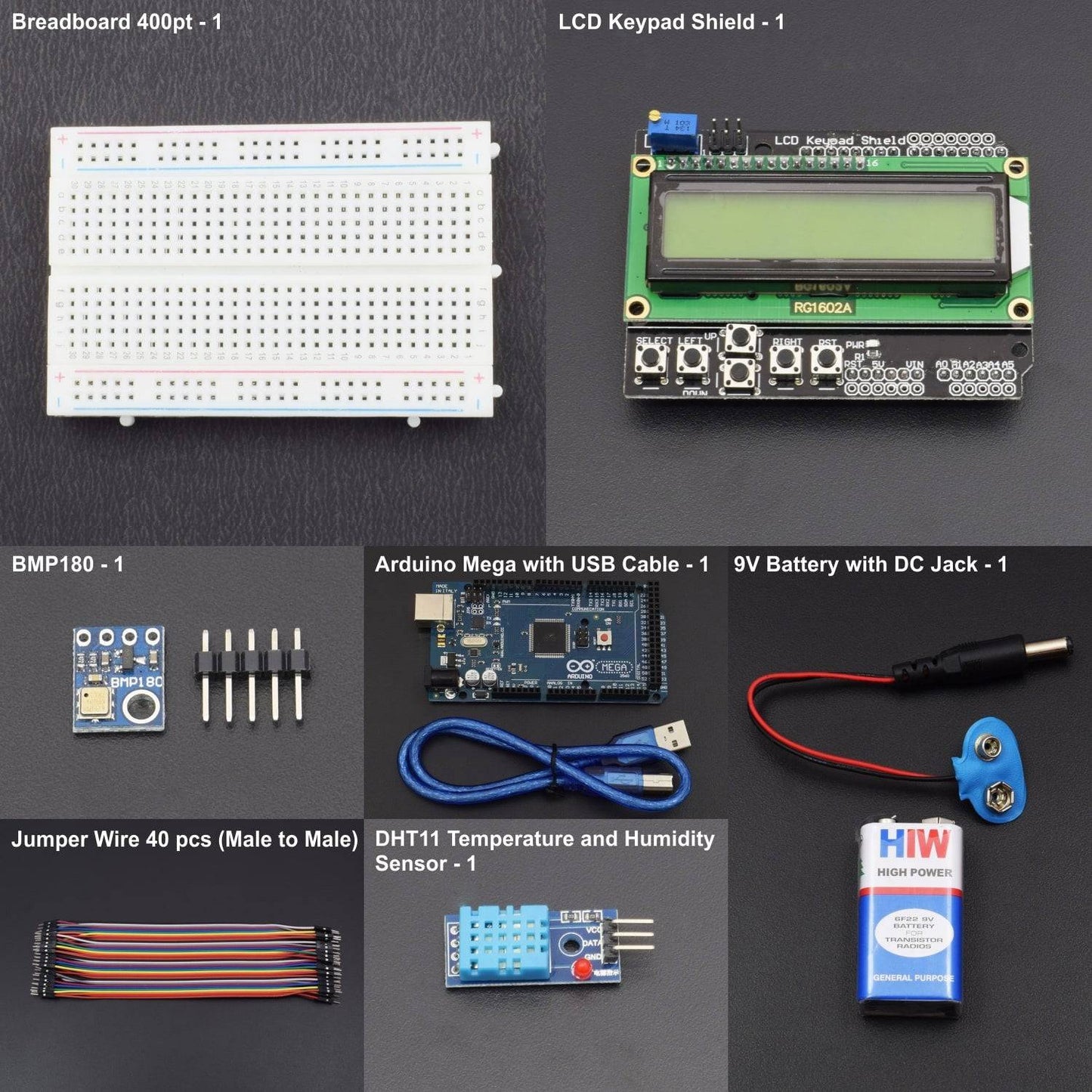 Make a weather station project with BMP180 , DHT11 Sensor and 16*2 LCD Keypad shield interfacing with arduino mega - KT793 - REES52