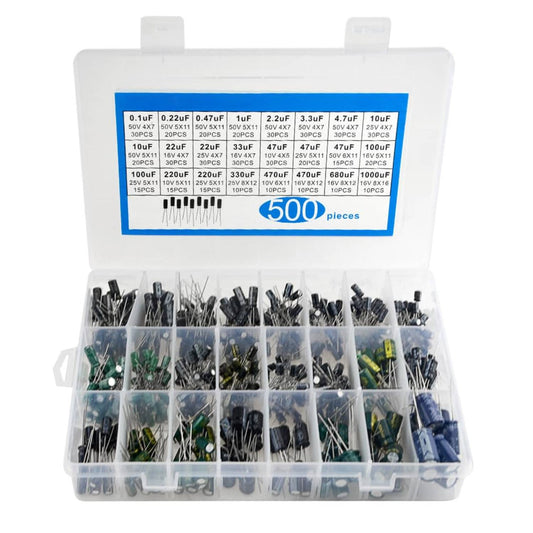 500PCS Electrolytic Capacitor Assortment Kit 24 Value Capacitor Kit 0.1uF - 1000uF Capacitor Range Electronics Repair Capacitor Kit DIY Project (Aluminum Electrolytic Capacitor With Stickers Plastic Box) - RS1799