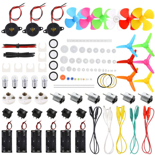 DIY 131 Items Electronic Kit with 6 Set DC Motors, Mini Electric Motor 1.5-3V 15000RPM with 66 PCS Plastic Gears, Shaft Propeller, Bulbs, Buzzer Sounder, Science Experiment Set for Kid DIY STEM Engineering Project - RS6170