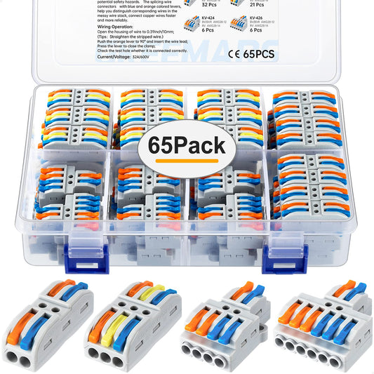 65Pcs Wire Connector Assortment Kit AWG 28-12 Quick Wiring Connectors 4 Multiple Types Lever Connector Kit For Quick Connection & Quick Disconnection - RS6194