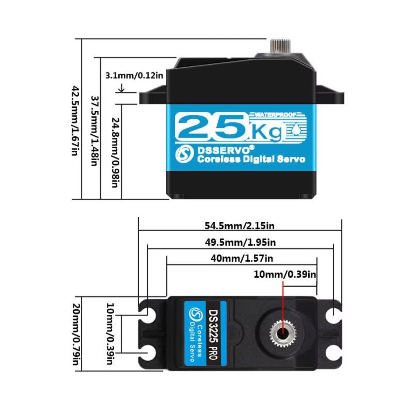 DSServo DS3225SSG 25KG PRO Digital Servo High Torque Coreless RC Servo Motor Waterproof Metal Gear Servo 180°, 270° (Optional) Degree Rotation Servo  For 1/8 and 1/10 RC Cars