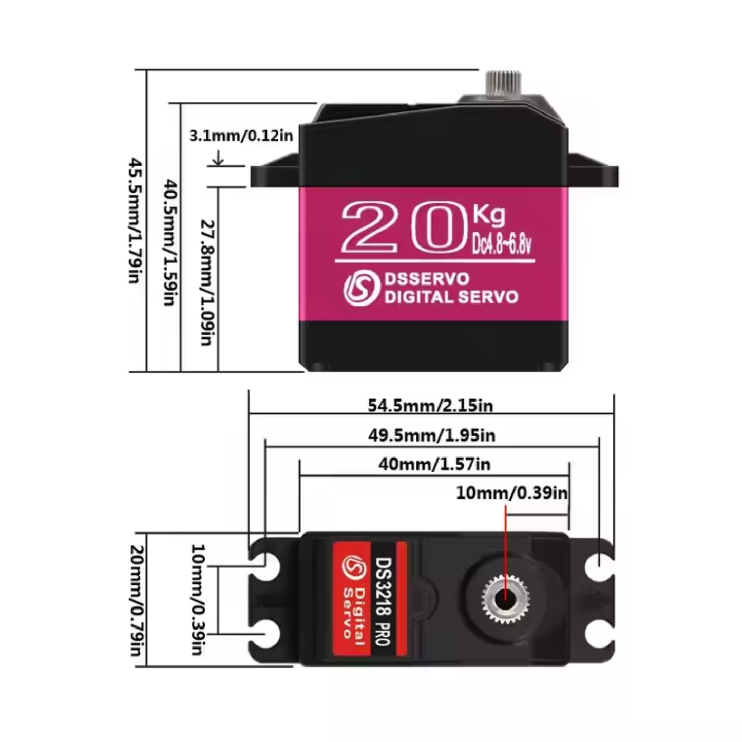 DSServo DS3218SSG Pro Servo Motor High Torque 20KG Stainless Steel Gear Digital Servo Waterproof SSG RC Servo With 180°, 270° (Optional) Degree Rotation For 1/8, 1/10 and 1/12 Scale RC Cars