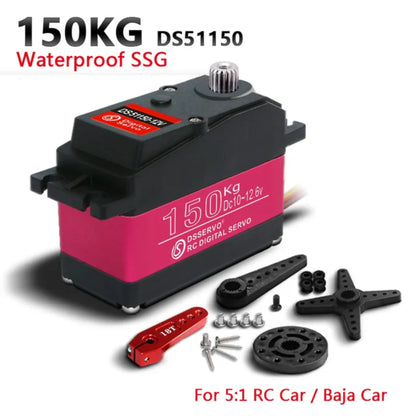 DSServo DS51150SSG 150KG Waterproof Servo 180°,  270° (Optional)  Degree Rotation Servo 12V High Torque Servo Metal Gear Waterproof IP66 RC Servo With 18T Servo Arm High Speed Steering Servo For 1/5 RC Car Robot Boat