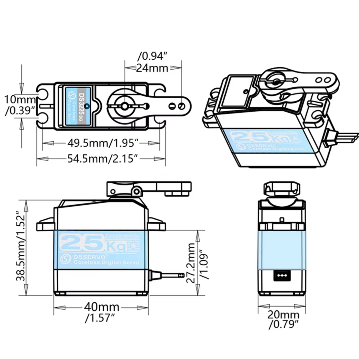 DSServo DS3225SSG 25KG PRO Digital Servo High Torque Coreless RC Servo Motor Waterproof Metal Gear Servo 180°, 270° (Optional) Degree Rotation Servo  For 1/8 and 1/10 RC Cars