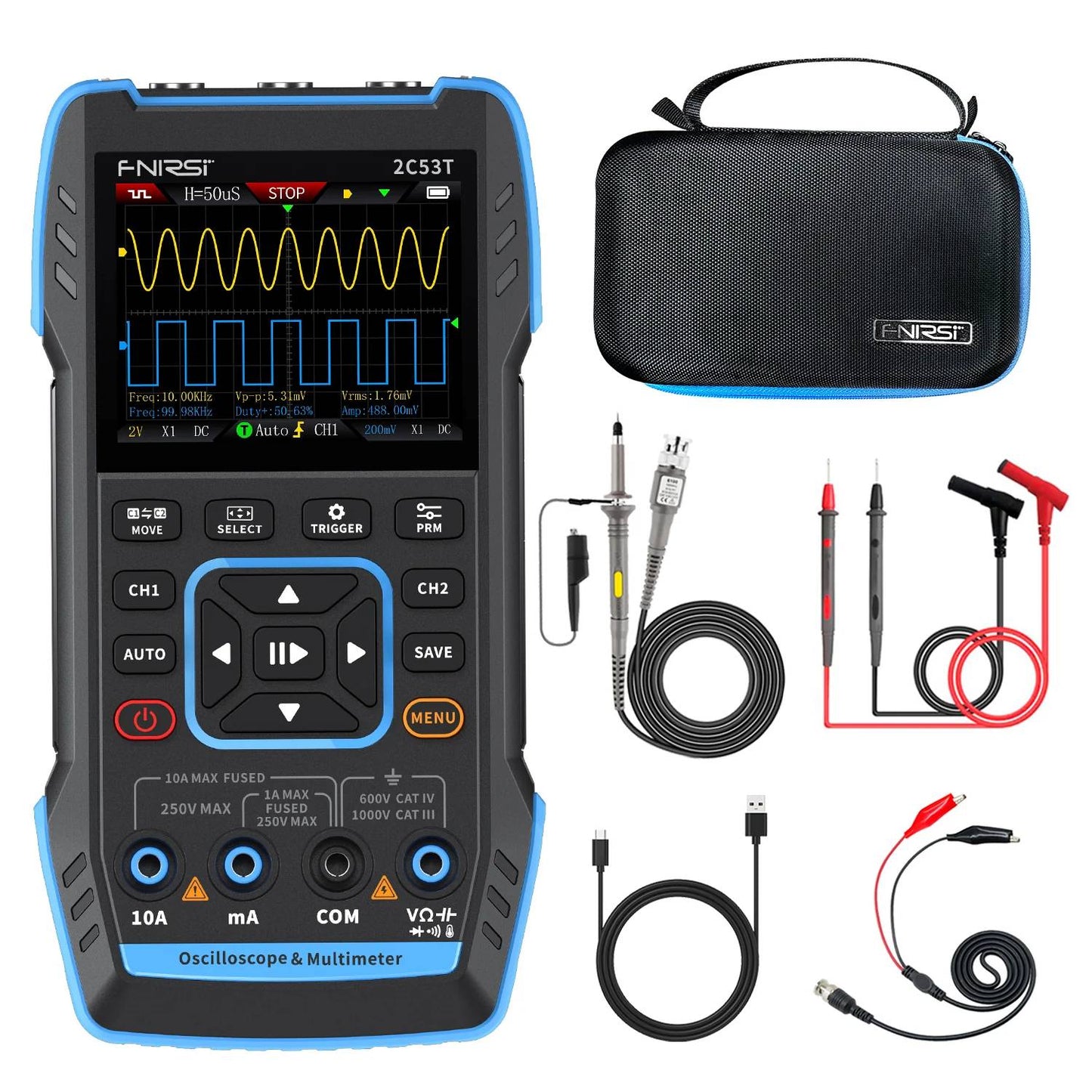 FNIRSI 2C53T 3-in-1 Oscilloscope 2C53T Handheld Analyzer 3-in-1 DSO Multimeter 2C53T Oscilloscope with Multimeter & Signal Generator For Electronics Projects - RS8400