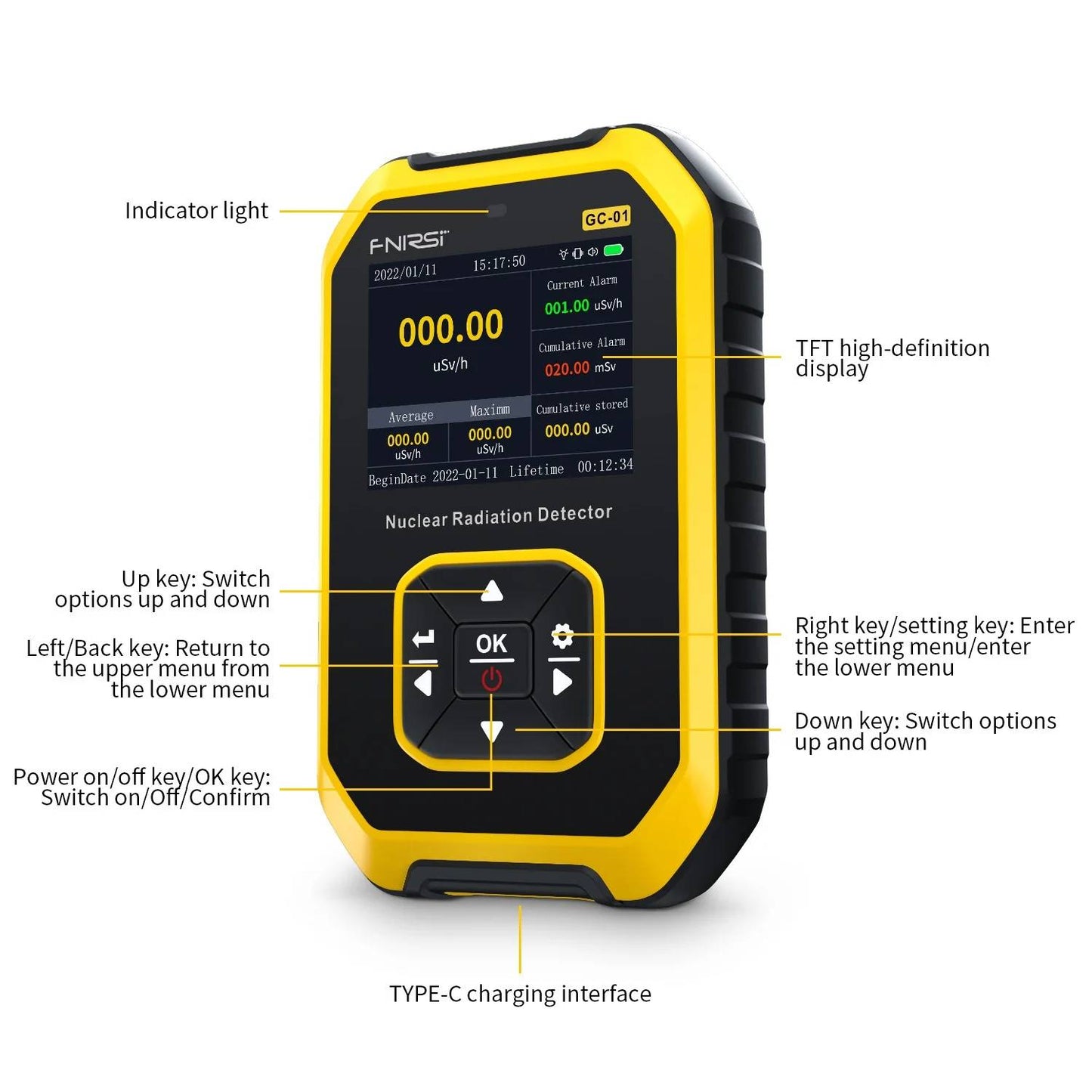 FNIRSI GC-01 Nuclear Radiation Detector Portable Nuclear Radiation Detector GC-01 Radiation Detector For Environmental Radiation Mapping - Yellow - RS8377