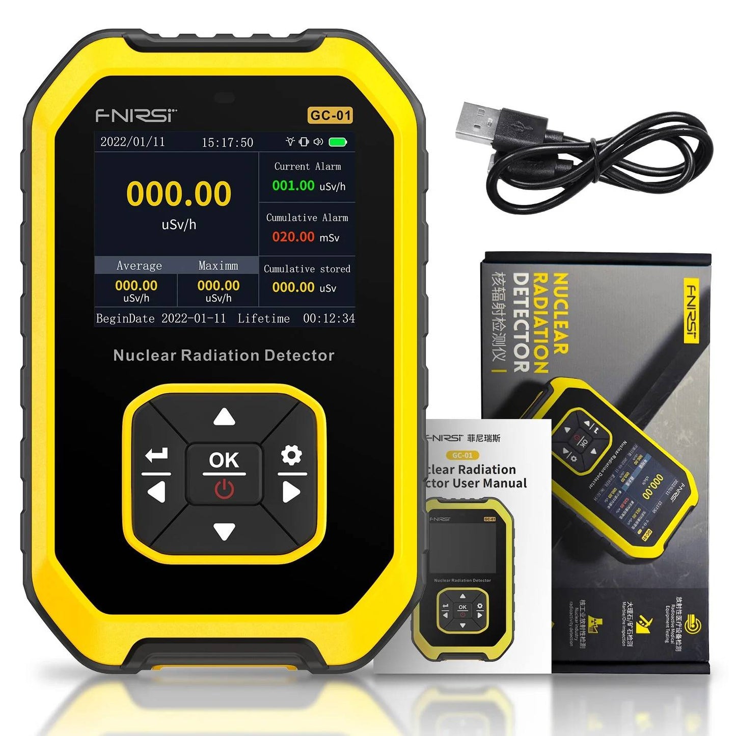 FNIRSI GC-01 Nuclear Radiation Detector Portable Nuclear Radiation Detector GC-01 Radiation Detector For Environmental Radiation Mapping - Yellow - RS8377