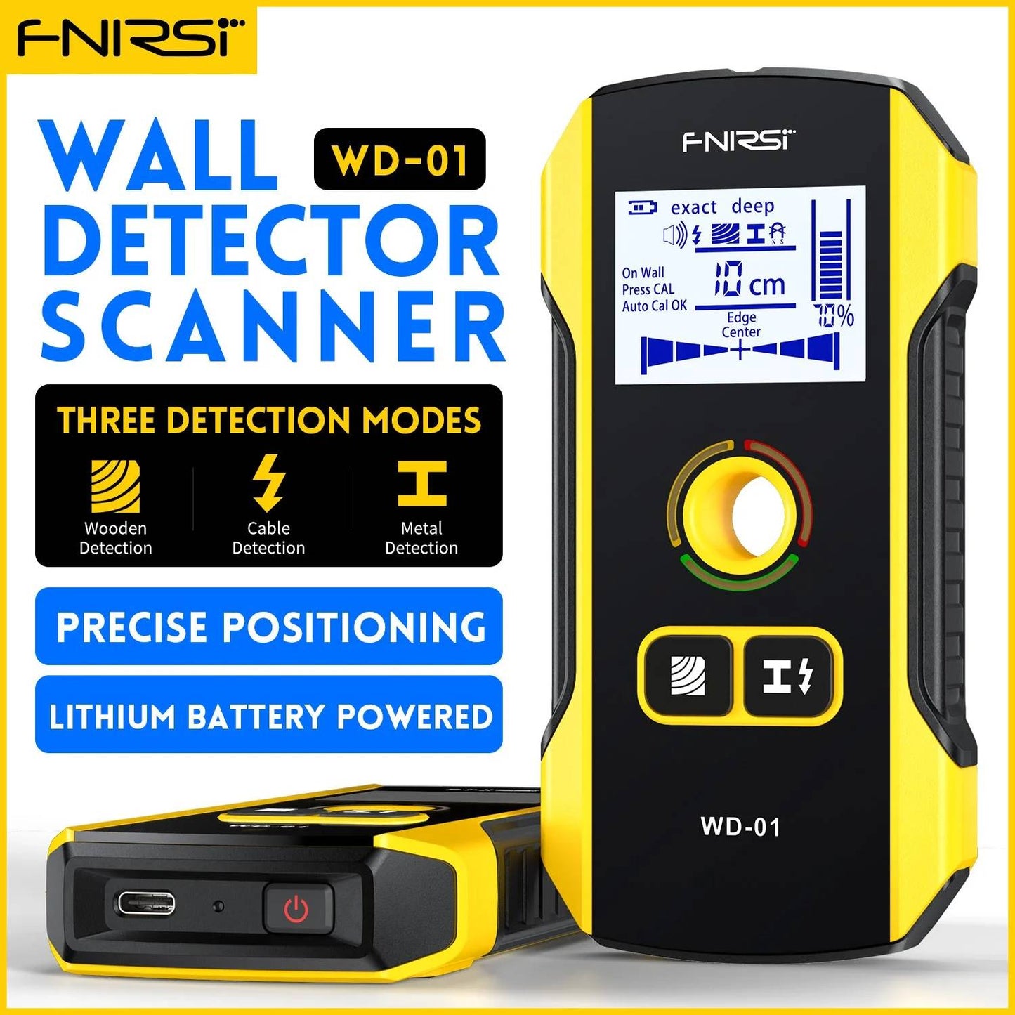 FNIRSI WD-01 Wall Detector Scanner 4-in-1 Wall Detector Scanner WD-01 Multi-Function Wall Scanner With Metal Detection For Safe Drilling & Hanging - Yellow - RS8379