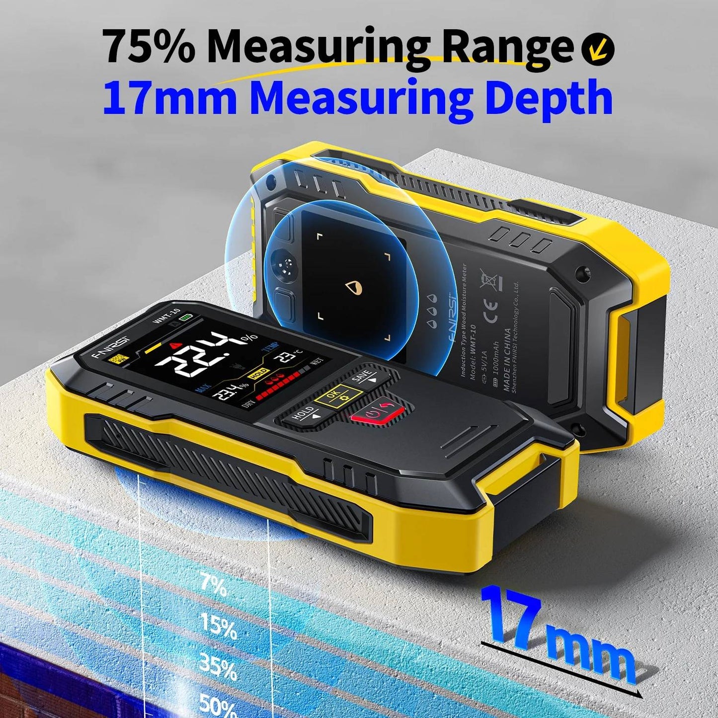 FNIRSI WMT-10 Non-Contact Moisture Meter WMT-10 Inductive Wood & Wall Moisture Meter Hygrometer WMT-10 Accurate Moisture Detection For Professional Moisture Measurement - RS8383