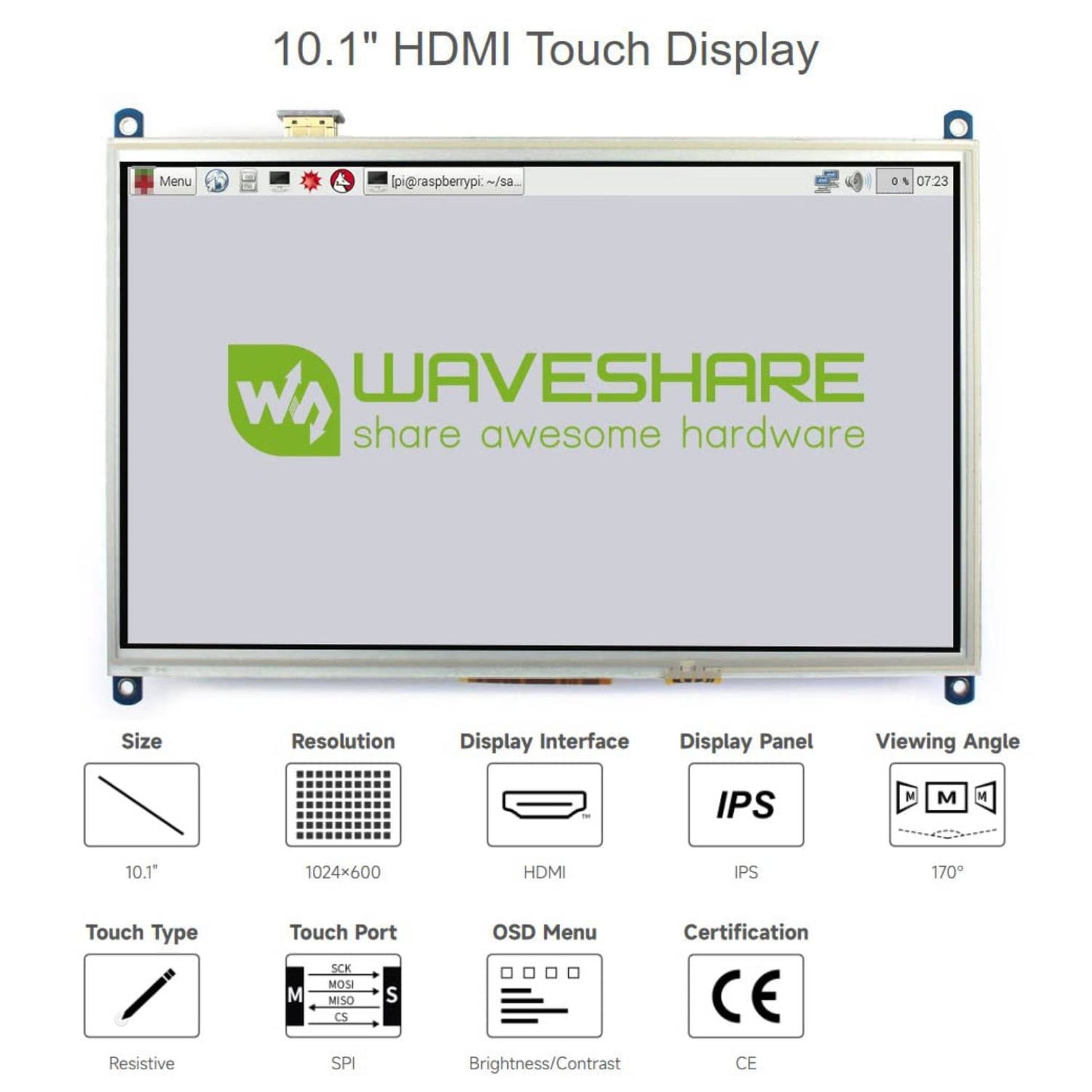 Waveshare 10.1" Touchscreen LCD 1024×600 10.1 inch Resistive Touch Screen LCD HDMI, IPS, Touch Monitor for Raspberry Pi/PC - NA001