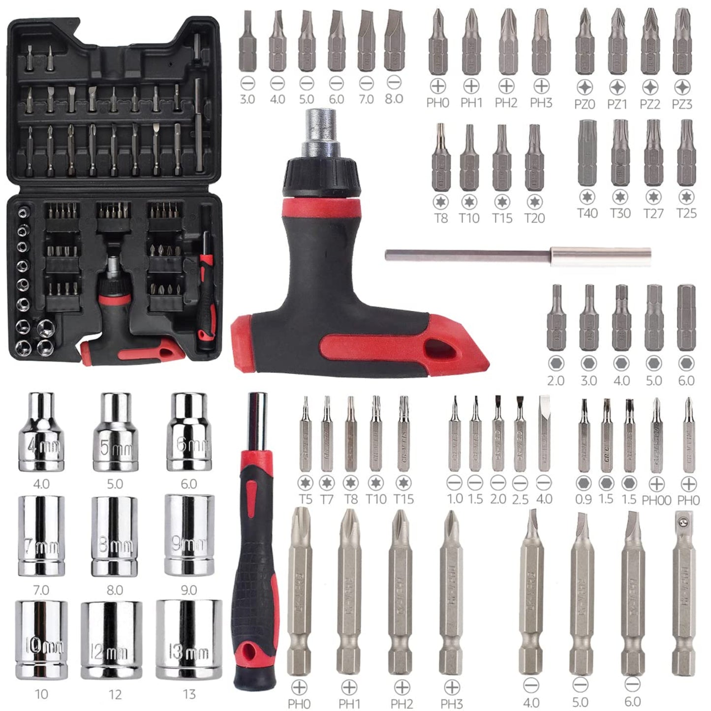 63-Pieces Screwdriver Bit Set Magnetic Screwdriver Set With Ratchet Wrench Magnetic T-Handle Screwdriver Batch Header Home Repair Kit With Plastic Toolbox Storage Case - RS5475