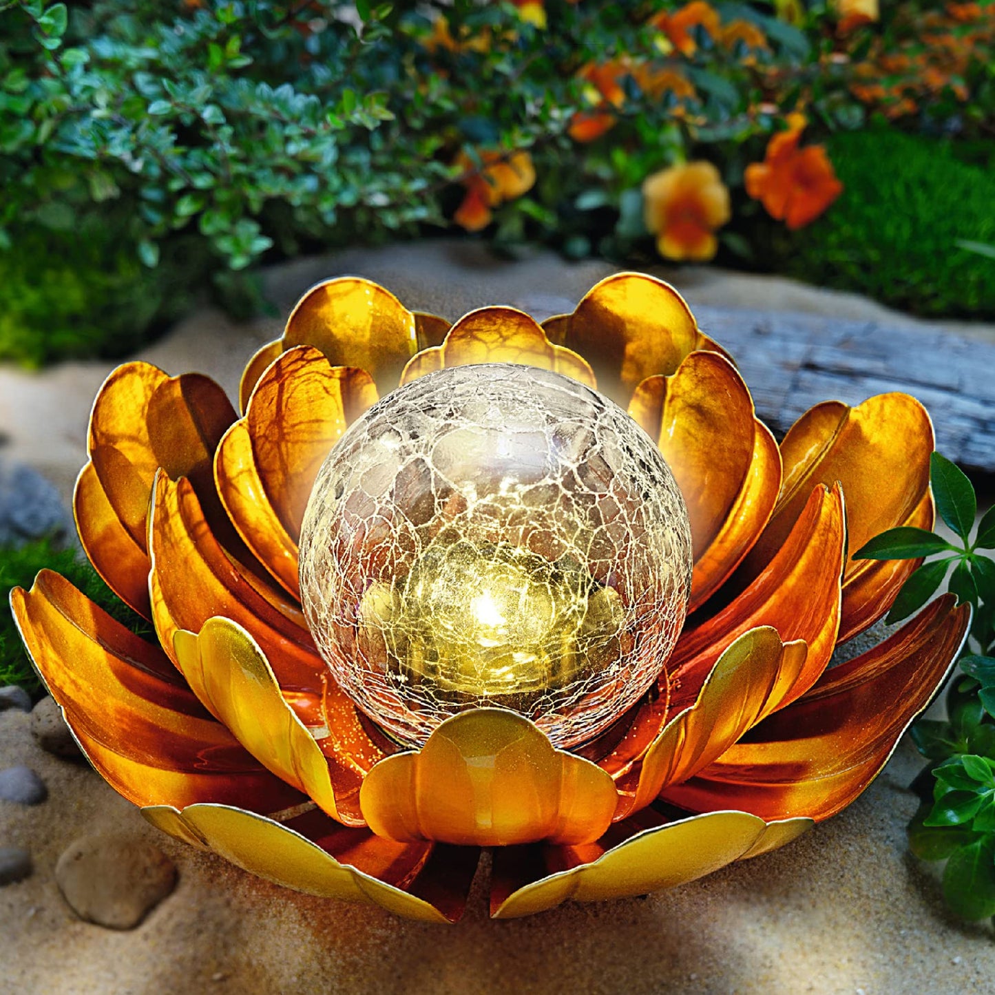 Gold Flower Solar Light Outdoor Decorations, Garden Glow Solar Lights With Metal Petal Waterproof, Glass Crackle Solar Powered Ball Decor Light For Tabletop, Ground, Walkway Yard - RS6154