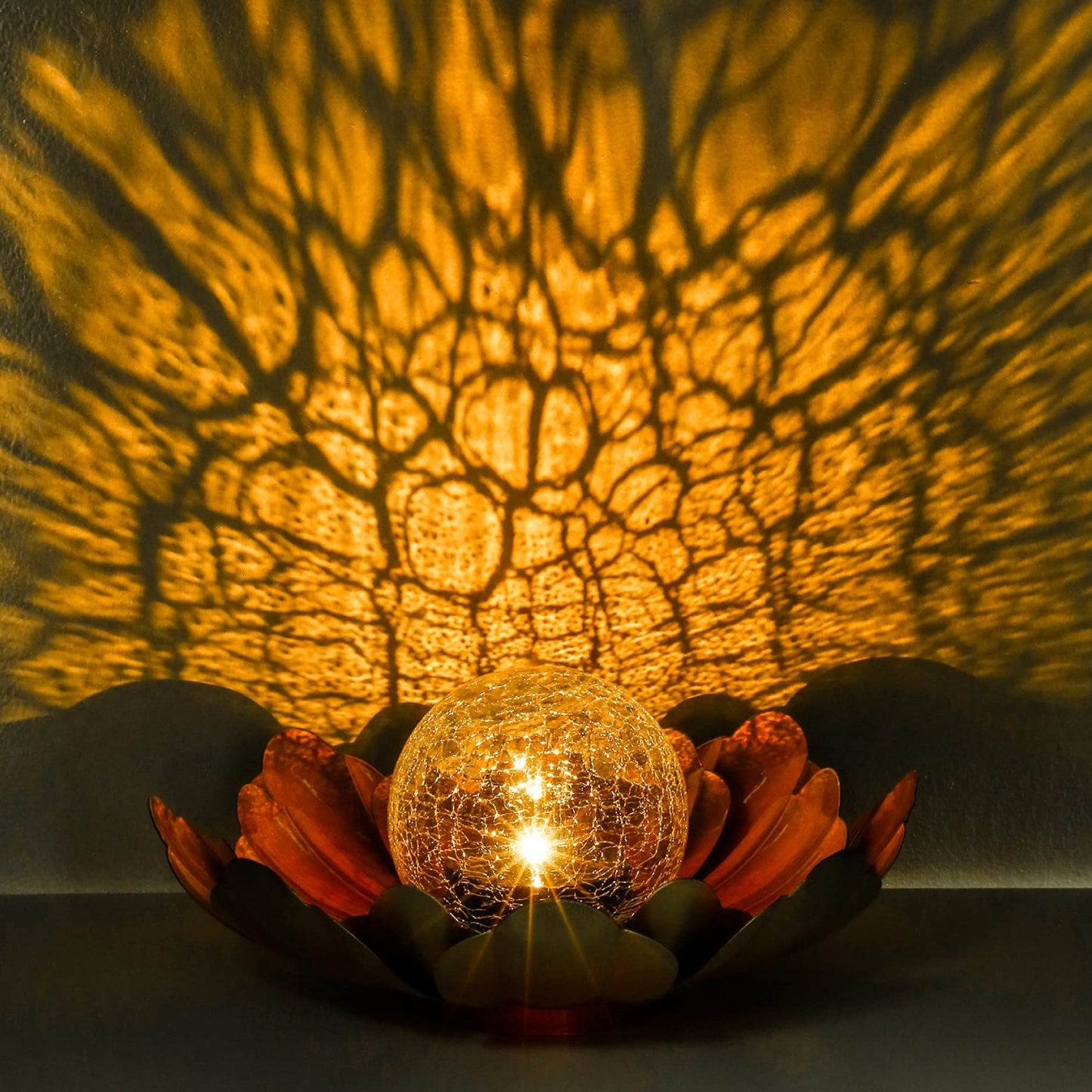 Gold Flower Solar Light Outdoor Decorations, Garden Glow Solar Lights With Metal Petal Waterproof, Glass Crackle Solar Powered Ball Decor Light For Tabletop, Ground, Walkway Yard - RS6154