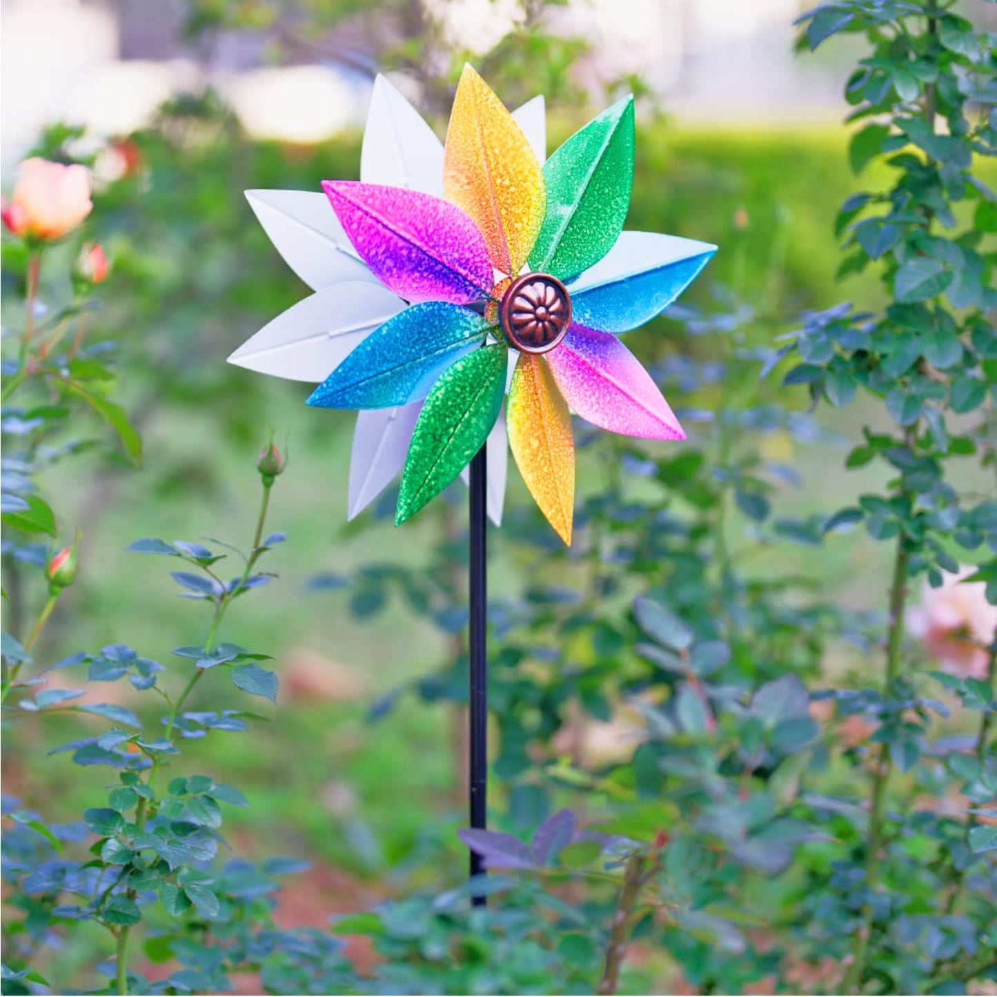 37" Double Blade Colorful Metal Wind Spinner Kinetic Wind Spinner Double Blade Wind Spinner Eye-Catching Kinetic Sculpture For Yard And Garden - RS6143