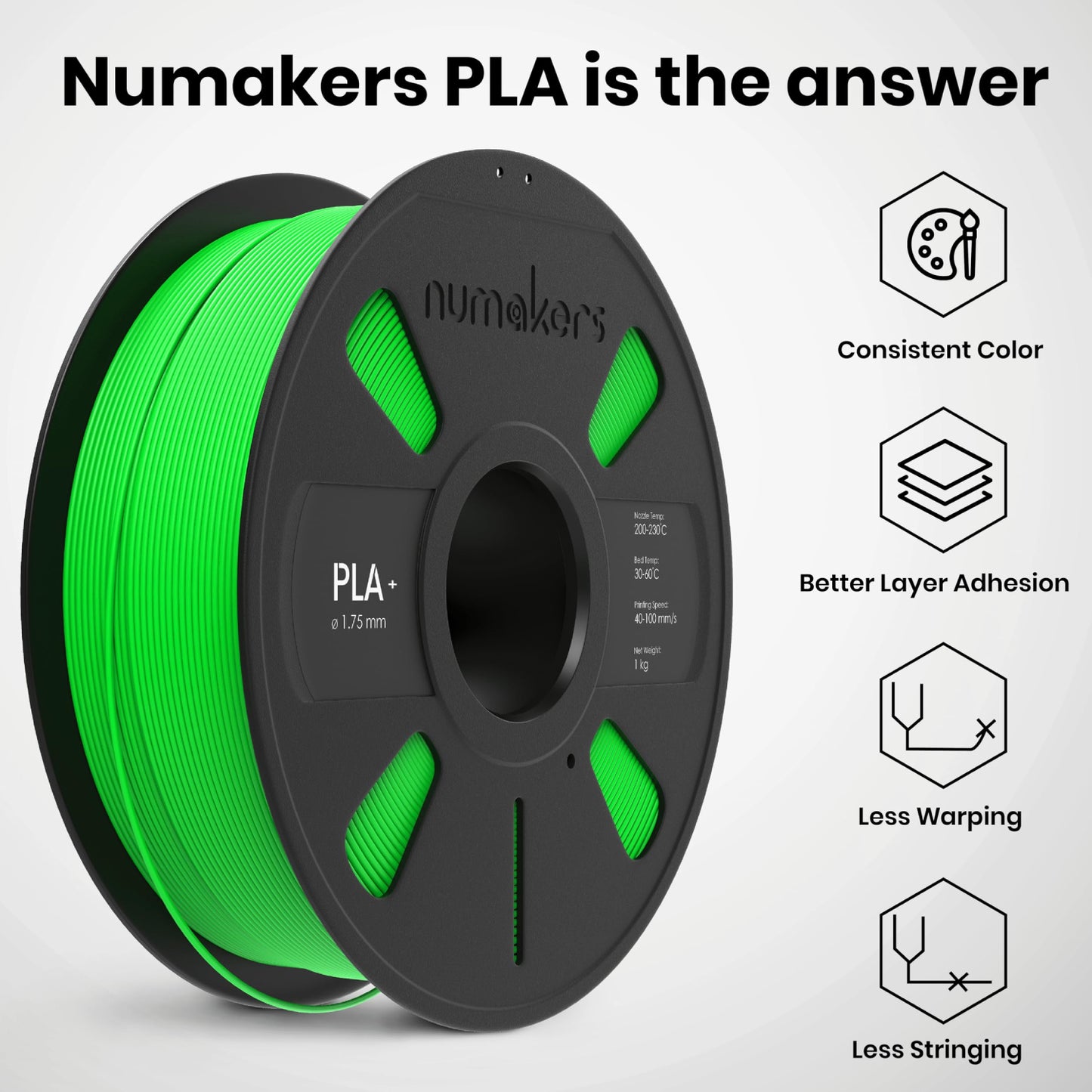 Numaker 1.75mm PLA+ Filament 3D Printer Filament High-Quality PLA+ For Fluorescent Prints Bright Green Premium PLA+ Filament -  Fluorescent Green - RS6805