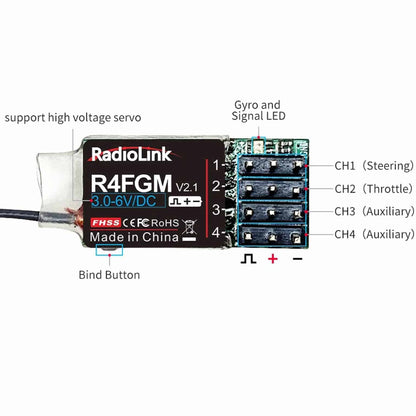 Radiolink R4FGM RC Receiver R4FGM 2.4Ghz 4 Channels Tiny RC Gyro Receiver For Mini RC Cars 1/28 and Boats, Long Control Distance for Radio RC8X RC4GS V3/RC6GS V3/T8S/T8FB - RS6082