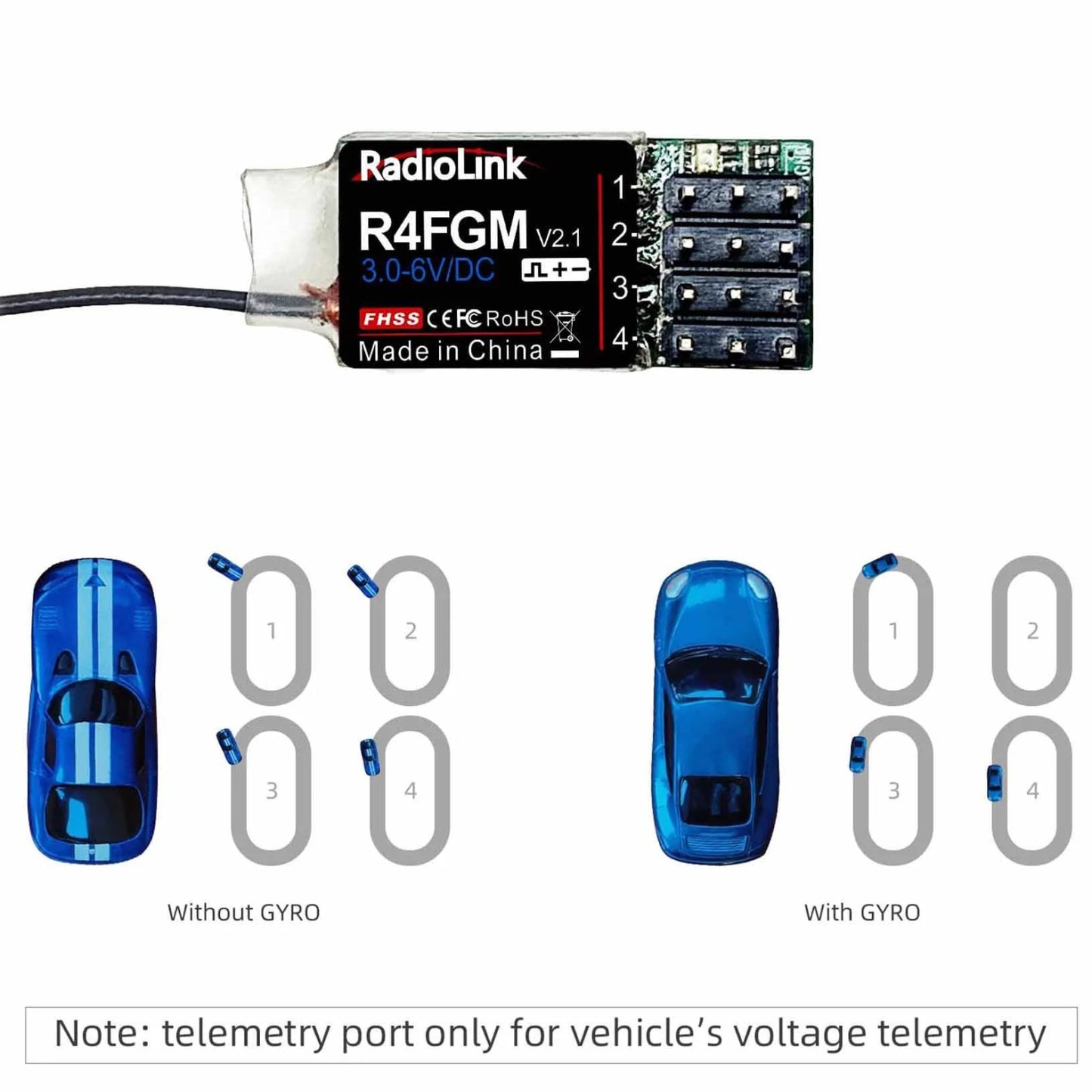 Radiolink R4FGM RC Receiver R4FGM 2.4Ghz 4 Channels Tiny RC Gyro Receiver For Mini RC Cars 1/28 and Boats, Long Control Distance for Radio RC8X RC4GS V3/RC6GS V3/T8S/T8FB - RS6082