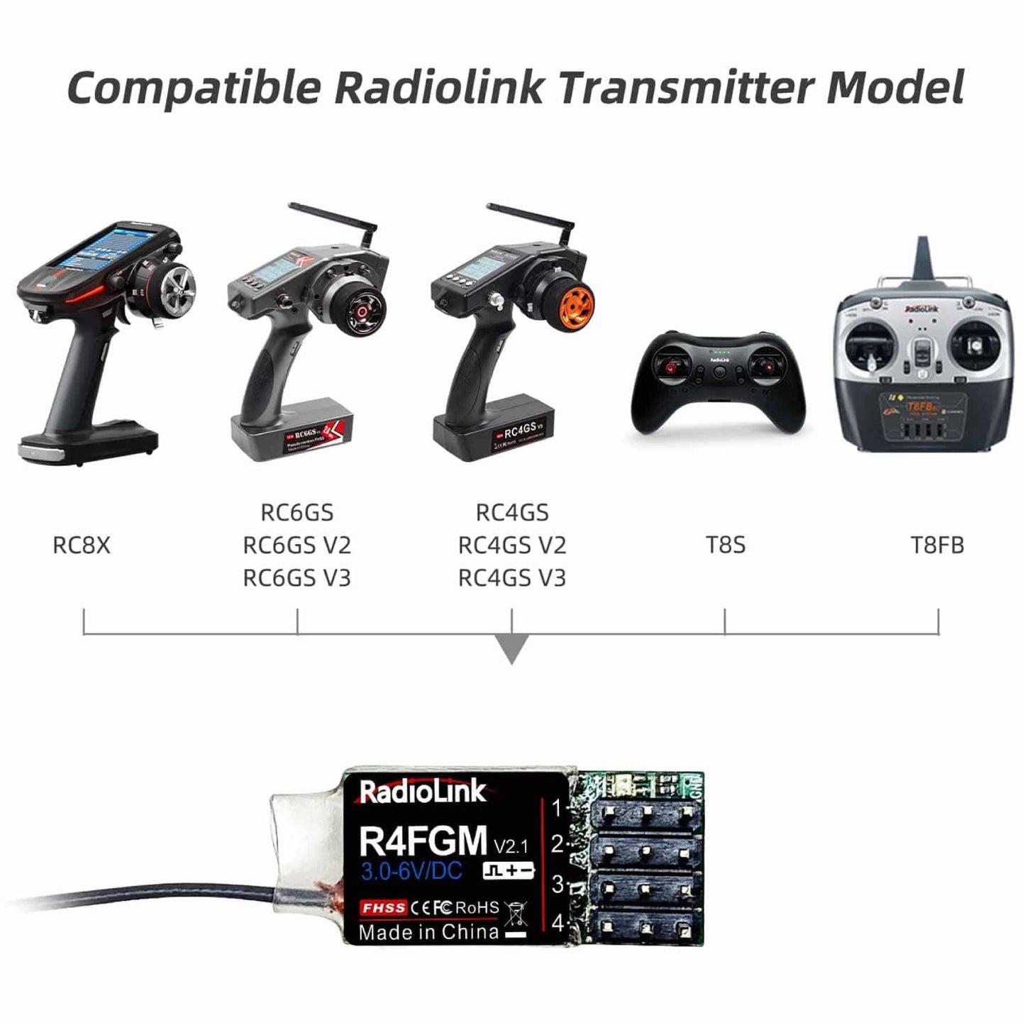 Radiolink R4FGM RC Receiver R4FGM 2.4Ghz 4 Channels Tiny RC Gyro Receiver For Mini RC Cars 1/28 and Boats, Long Control Distance for Radio RC8X RC4GS V3/RC6GS V3/T8S/T8FB - RS6082