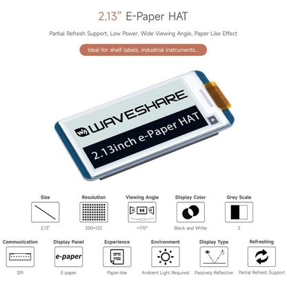 Waveshare 2.13inch E-Paper HAT V4 Version, Black/White Two-Color 250x122 Pixel E-Paper Module for Raspberry Pi 4B/3B+/3B/2B/Zero W/WH/Zero 2 W/Jetson Nano SPI Interface, Support Partial Refresh - RS2409