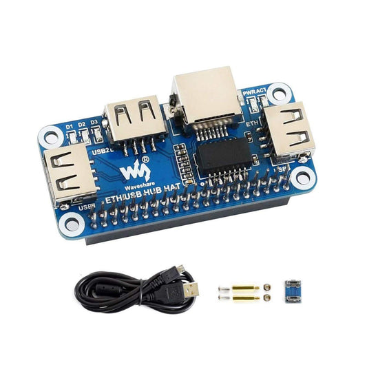 Waveshare Ethernet/USB HUB HAT Expansion Board For Raspberry Pi 3B/2B/Zero/Zero W/ WH, With 1 RJ45 Ethernet Port, 3 USB Ports - RS2408