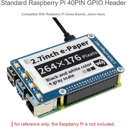 Waveshare 2.7inch E-Paper HAT Compatible with Raspberry Pi 4B/3B+/3B/2B/B+/A+/Zero/Zero W/WH/Zero 2W Series Boards 264x176 Resolution SPI Interface - RS2406