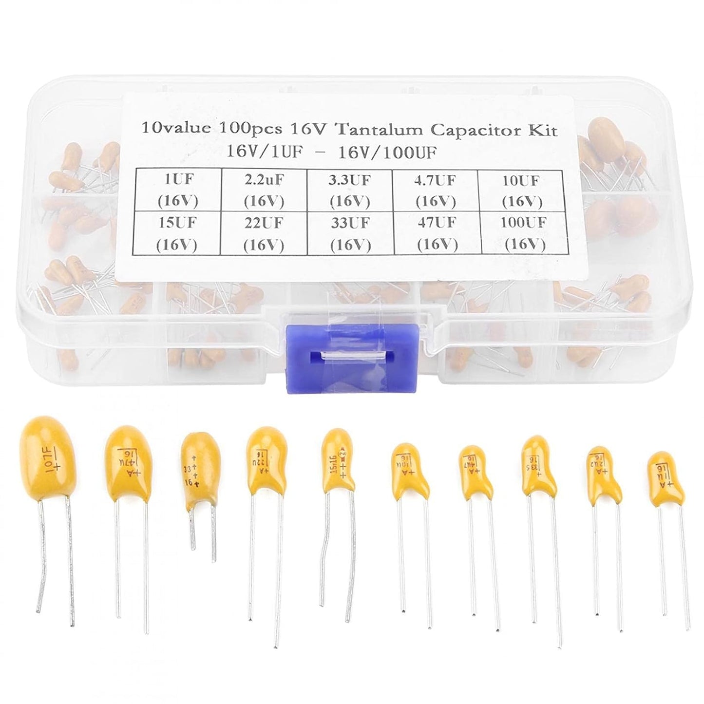 100pcs 10 Values 16V 1uf-100uf Tantalum Capacitor Assortment Kit Assorted Capacitor Kit 10 Value Tantalum Capacitors Assorted Tantalum Capacitors With Plastic Box - RS1703