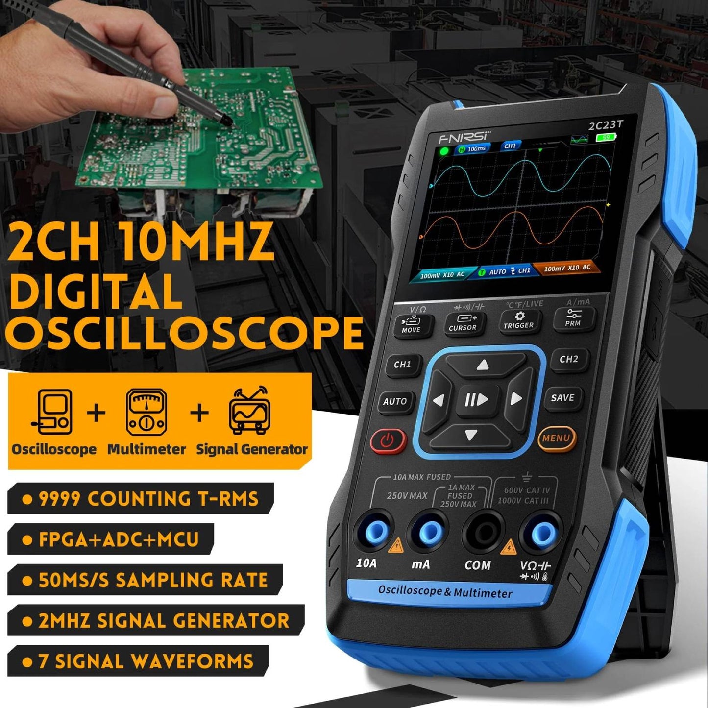 FNIRSI 2C23T 3-in-1 Oscilloscope Handheld Analyzer 2C23T Oscilloscope Upgraded 3 in 1 Handheld Oscilloscope Digital Multimeter and Function Generator With Bluetooth Connectivity For Data Analysis - RS8296