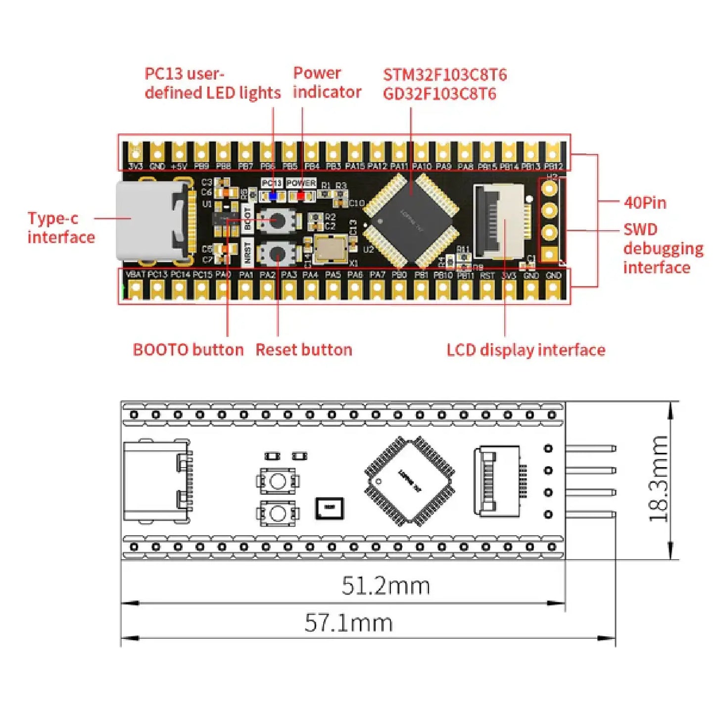 STM32F103RCT6 / STM32F103C8T6 / APM32E103RET6 Core Board – ARM Cortex-M3 Development Kit