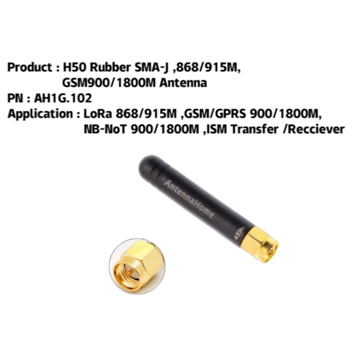 AntennaHome AH1G.102 Multiband Antenna H50 Rubber SMA-J 868/915MHz, GSM900/1800MHz Antenna  High Gain Multi Technology Antenna For LoRa, GSM/GPRS, NB-IoT and ISM Bands - RS7325