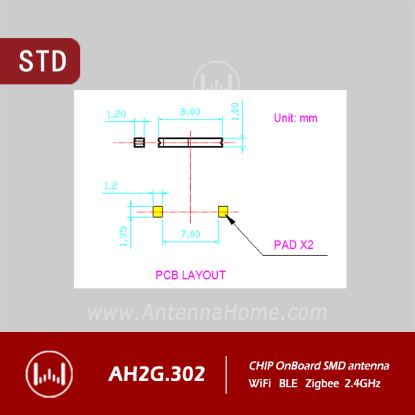 AntennaHome AH2G.302 K0801 2.4G Antenna Module 8.0x1.2x1.0mm K0801 2.4GHz Chip SMD With Integrated Antenna For IoT Devices- RS7376