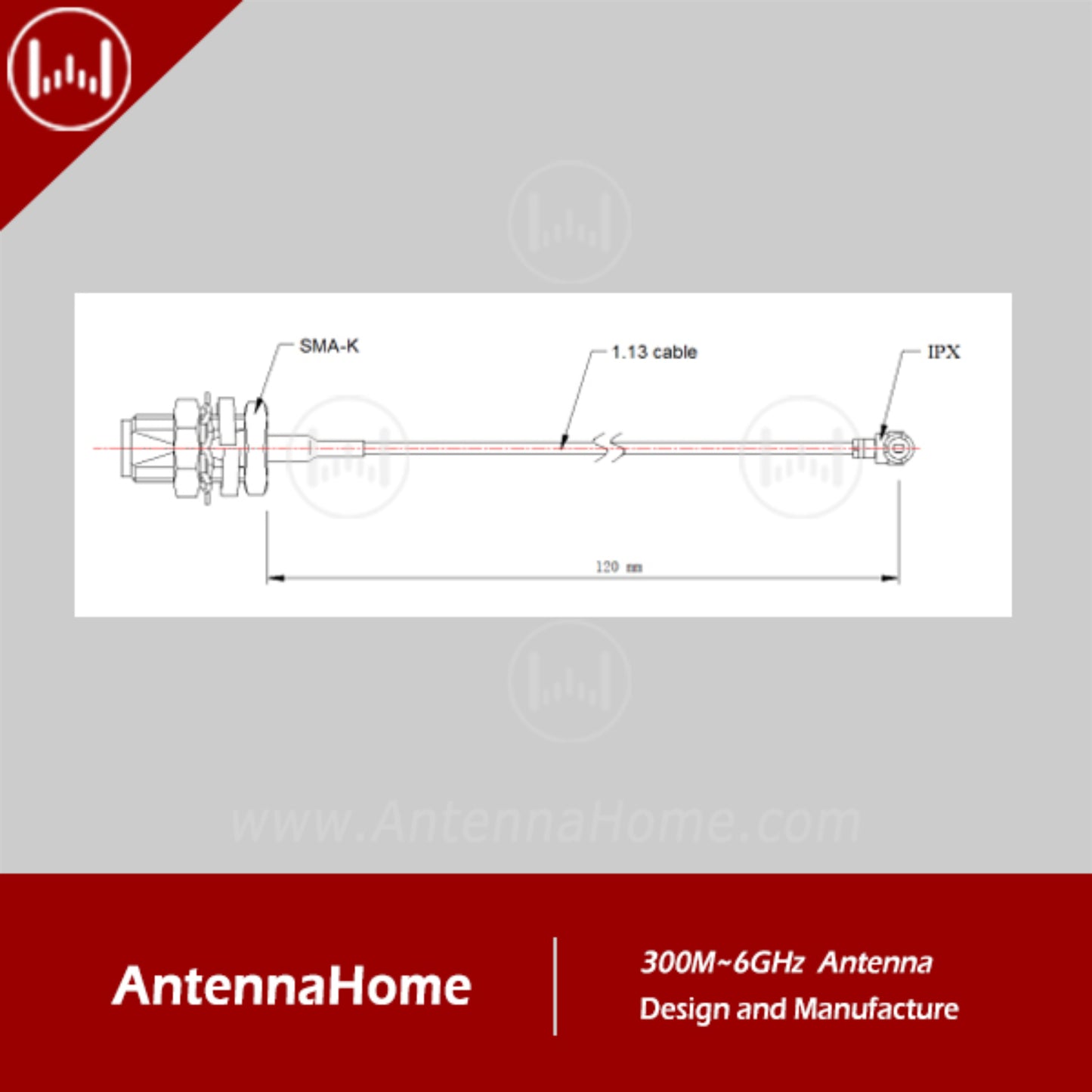 AntennaHome AHCG.101 L120 1.13m Cable Assembly High-Performance 1.13 Meter RF Cable Assembly With SMA-IPX and DIP Connectors For Signal Transmission - RS7357