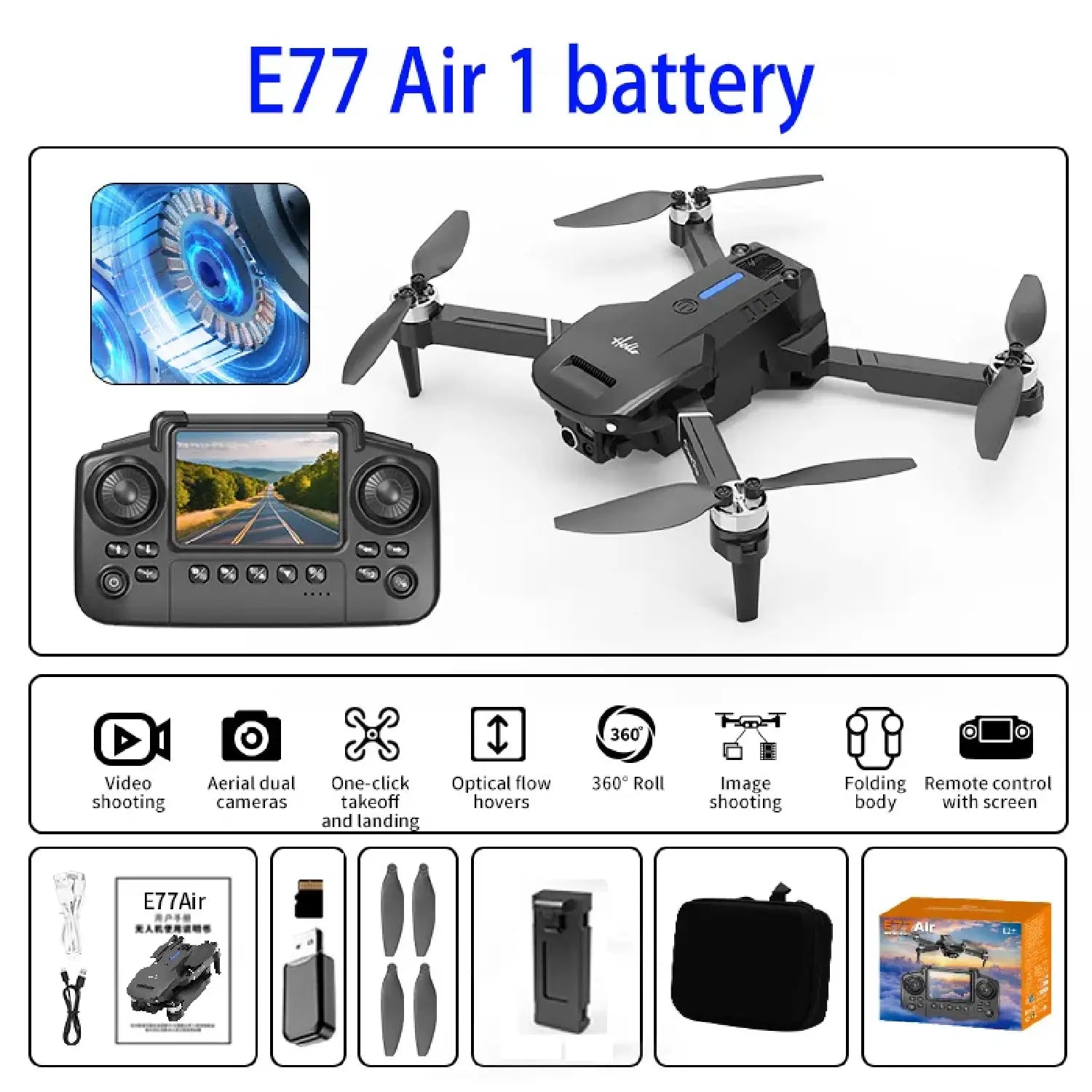 E77 Air Drone – Foldable Dual Camera Quadcopter with Optical Flow - RS8728