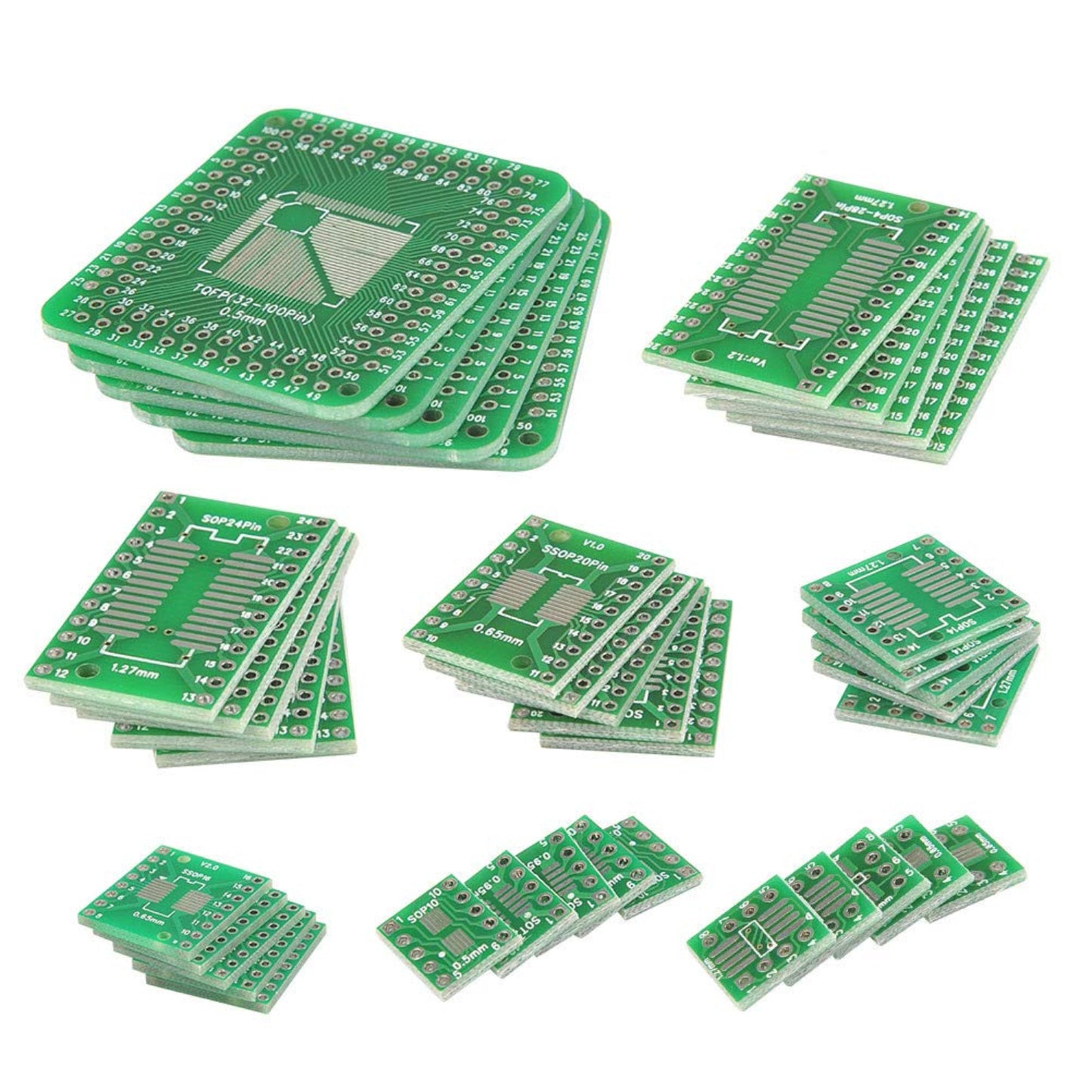 40PCS PCB Adapter Board Kit SMD To DIP IC PCB Converter Board Adapter Plate 8 Sizes For DIY Technical Testing, Double Sided TFQP/SOP/SSOP/TSSOP/MSOP To Dip Adaptor - RS5847