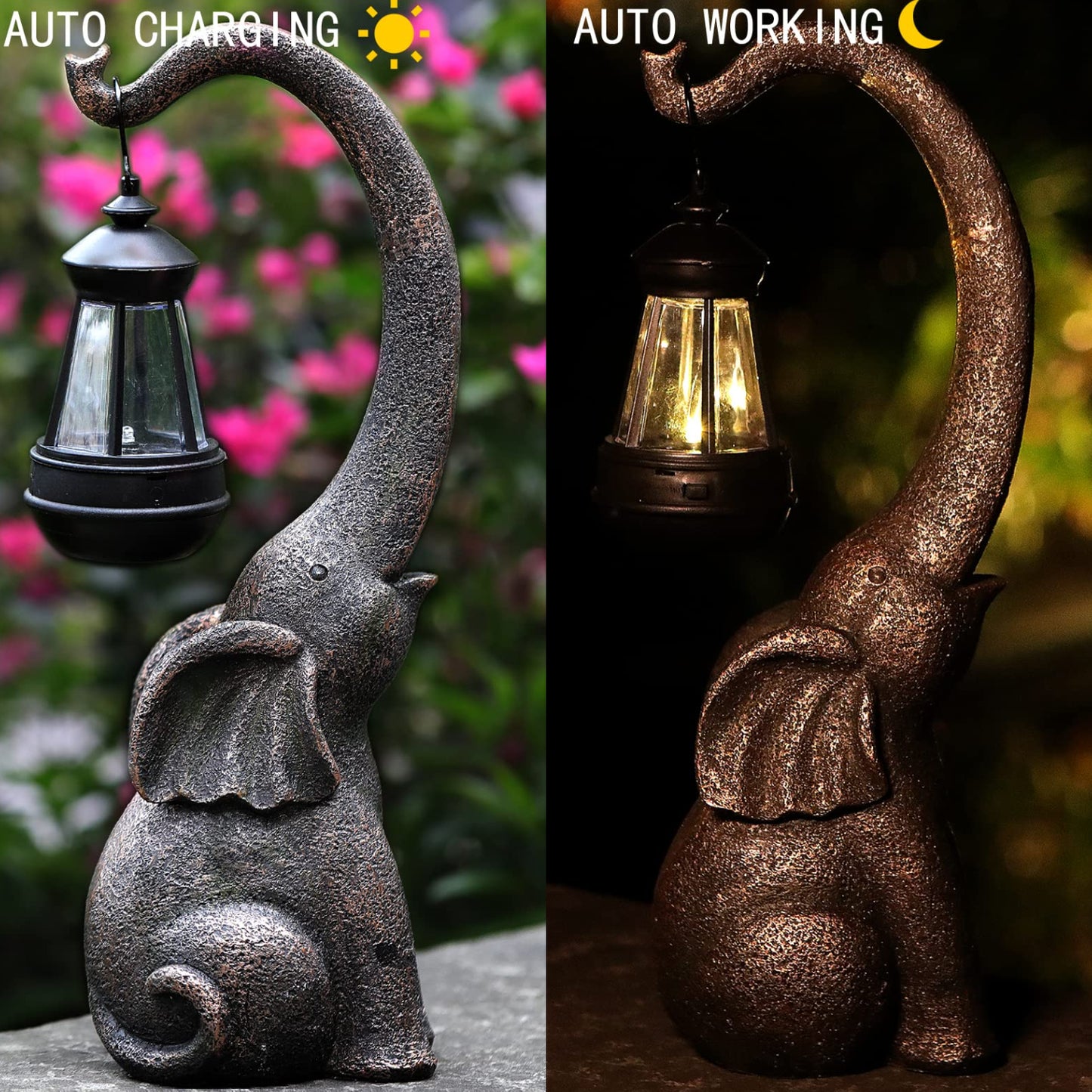 15Inch Elephant Sculpture Solar Light Figurine Statue Elephant With Solar Powered LED Lights, Statues For Garden Patio Home Yard Decor Housewarming Gift For Good Luck - RS5861