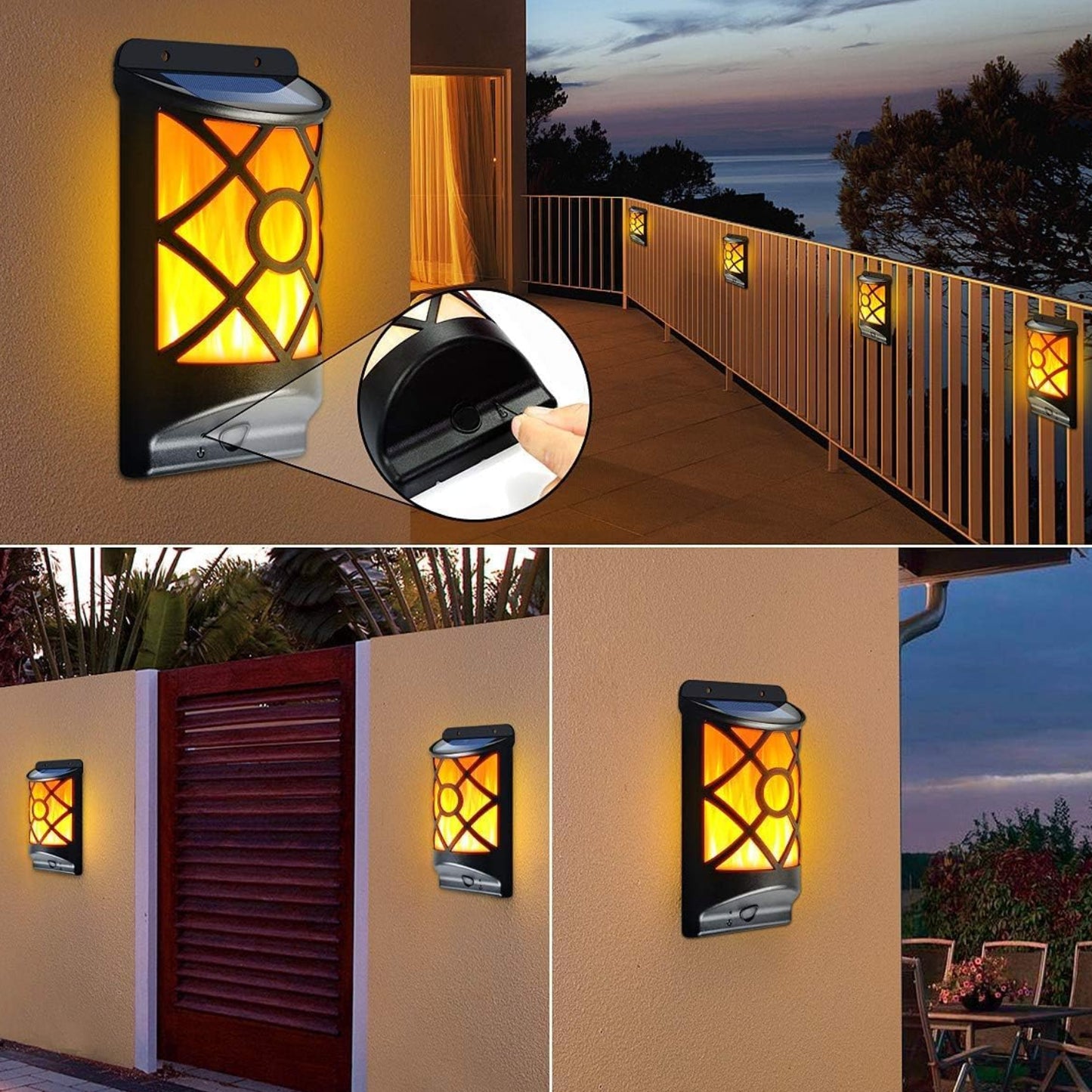 Flickering Flame Solar Wall Light Outdoor Solar Lights, Fire Effect 66 LED Auto On/Off Solar Powered Wall Mounted Torch Light for Fence, Patio, Deck, Landscape Decoration Pack Of 1  - RS5855