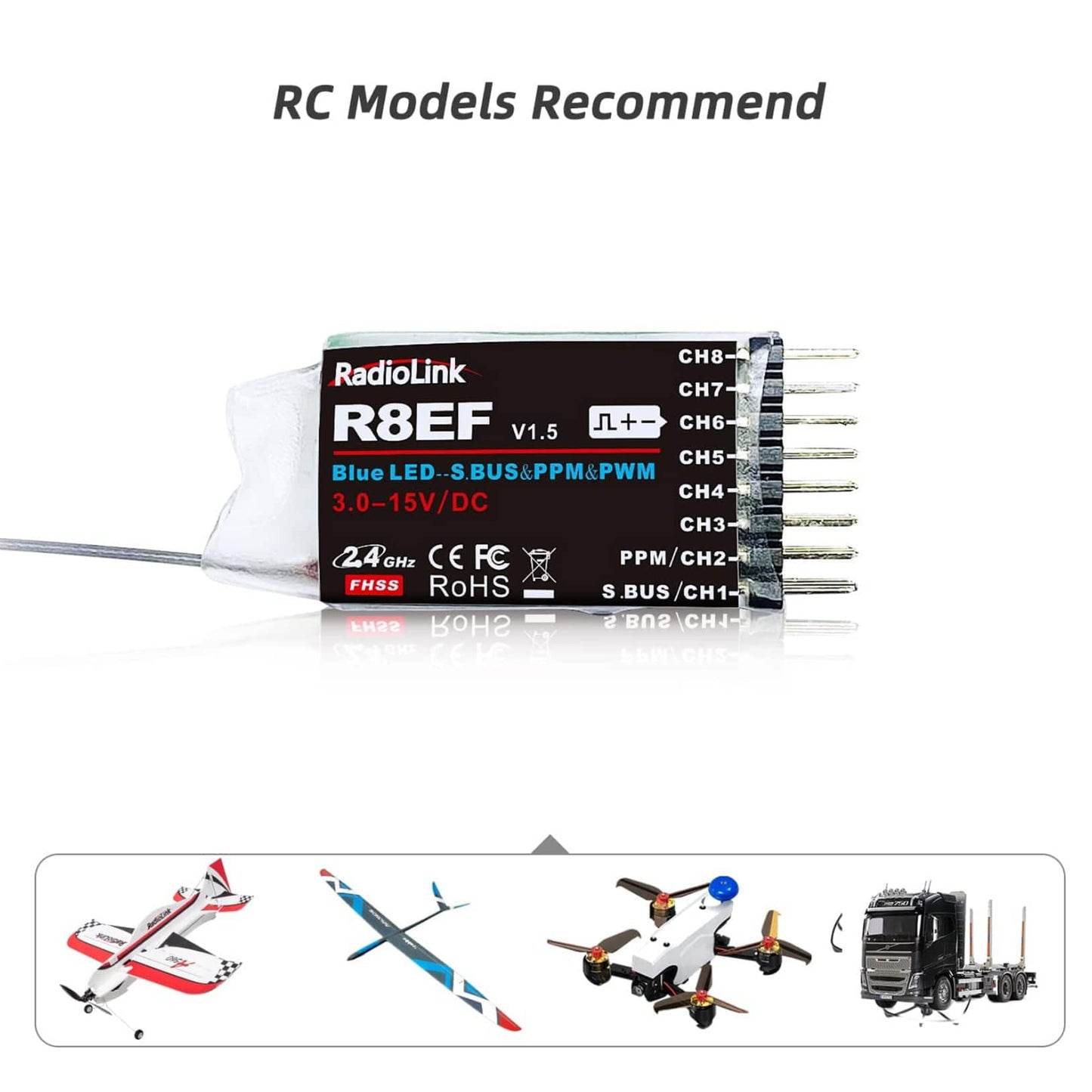 Radiolink R8EF RC Receiver R8EF 8 Channels 2.4GHz RC Receiver SBUS/PPM/PWM Long Range Control RX for Airplane Vehicles Robots Transmitter T8FB T8S RC8X RC4GS V3 RC6GS V3 - RS6084