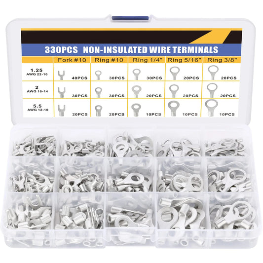 330PCS Wire Connectors Kit Non-Insulated Wire Connectors Kit Brazed Seam Fork Ring Terminals Of Tinned Copper AWG 22-10 Electrical Wire Crimp Connectors - RS6196