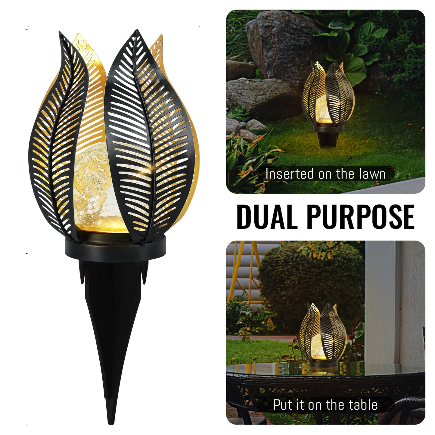 Solar Palm Leaf Stake Lights Outdoor Cracked Glass Stake Lights Solar Garden Lights Decorations Waterproof Metal Stake Lights Solar LED Light - RS5868