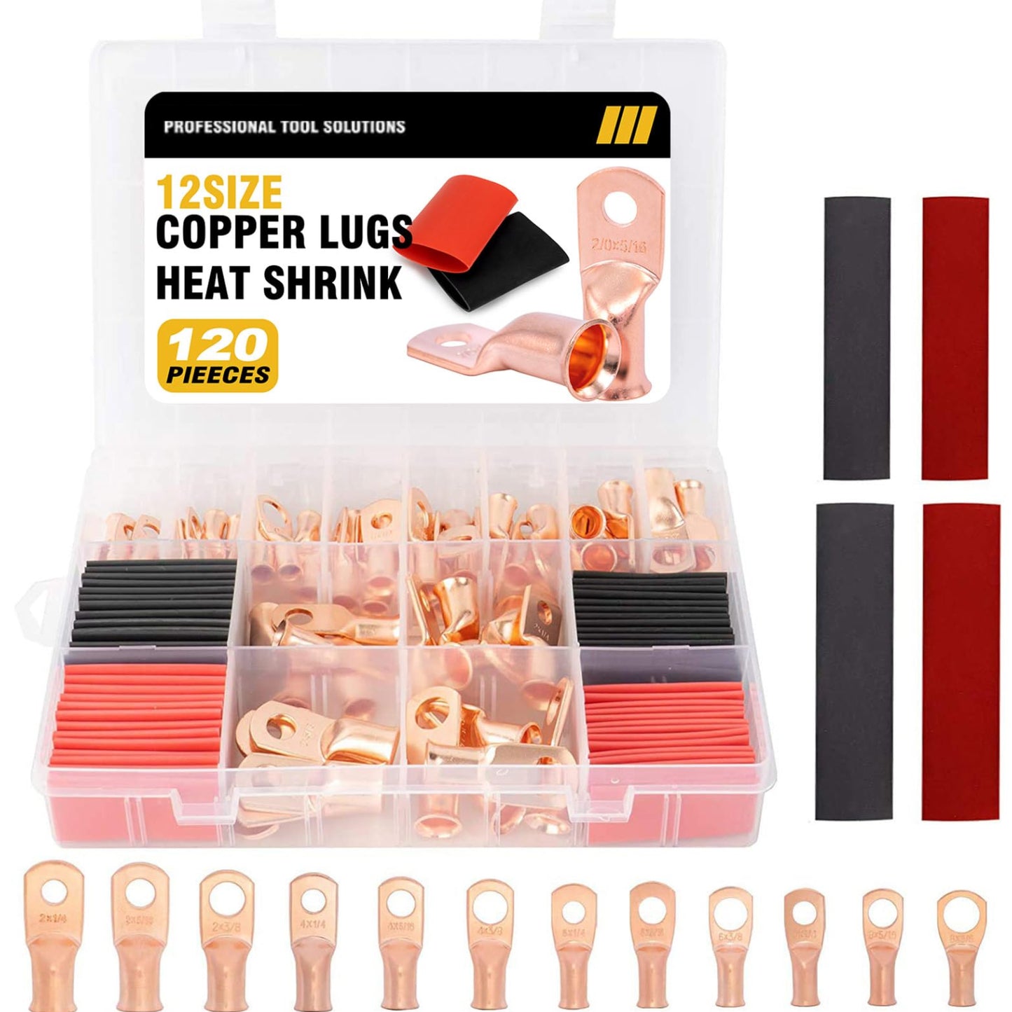 120pcs AWG 8-2 Battery Terminal Set Copper Wire Lugs and Heat Shrink Set Heavy Duty Wire Terminal Kit 60Pcs Closed End Tubular Ring Terminals with Heat Shrink Professional Wire Terminal Kit Reliable Wire Connections with Heat Shrink - RS6197