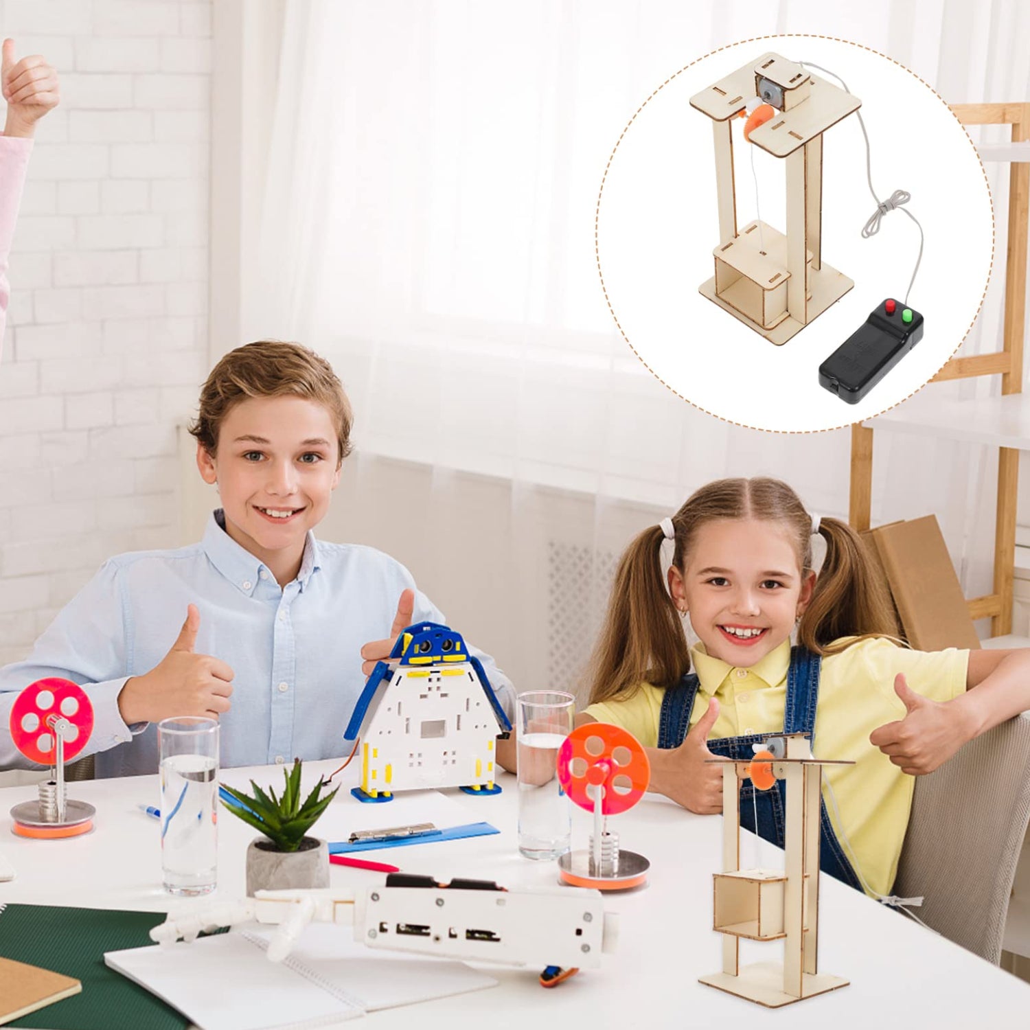 DIY Elevator Lift Wooden Kit Hands-On Elevator Education Kit With Electric Lift Model Science Project Wood STEM Toy Fun Project For DIY Funny Physic Project For Interactive Science Experiment For Children - RS6493